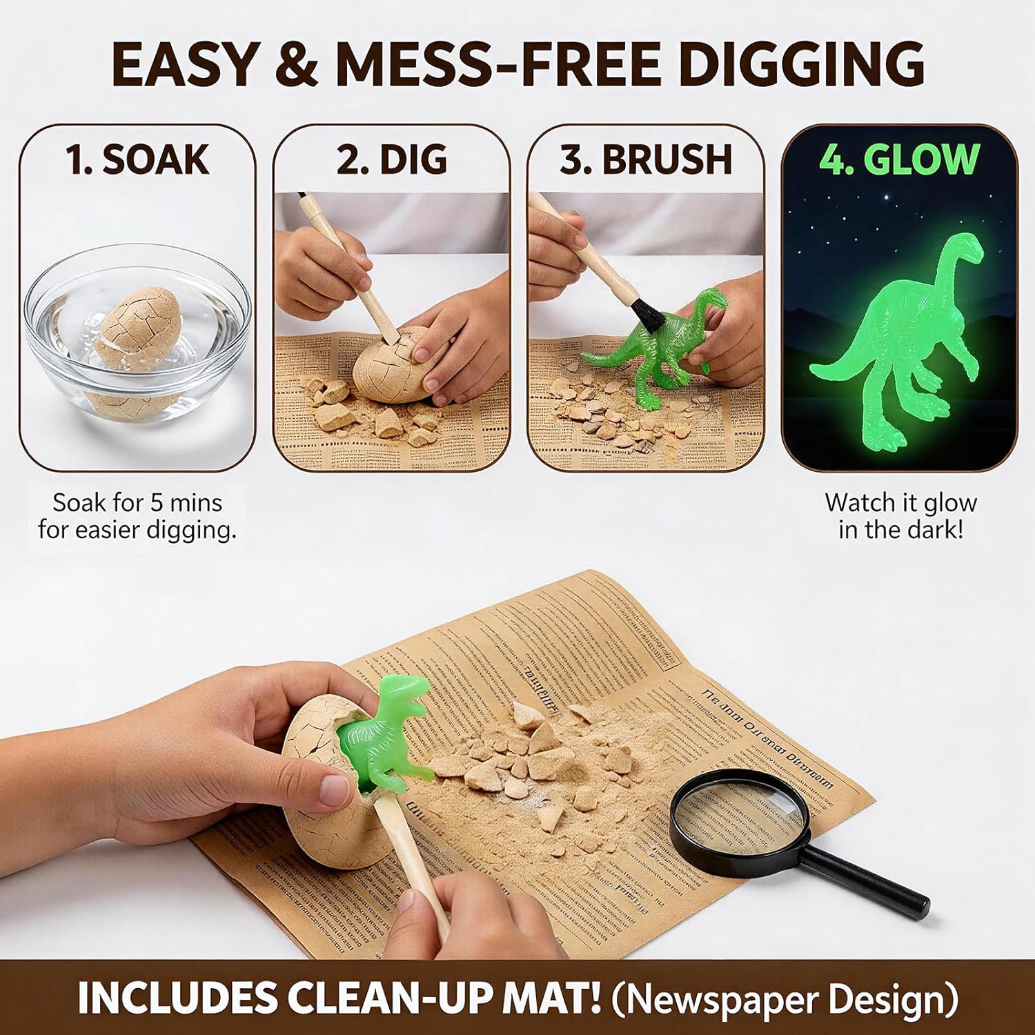 24 Glow in The Dark Dinosaur Eggs, Dig Kit Toys for Kids, Dinosaur Eggs Excavation Kit with Magnifier, Easter Basket Stuffers, STEM Party Favor Gifts for Boys Girls Age 3 4 5 6 7 8 9 10 + Years Old