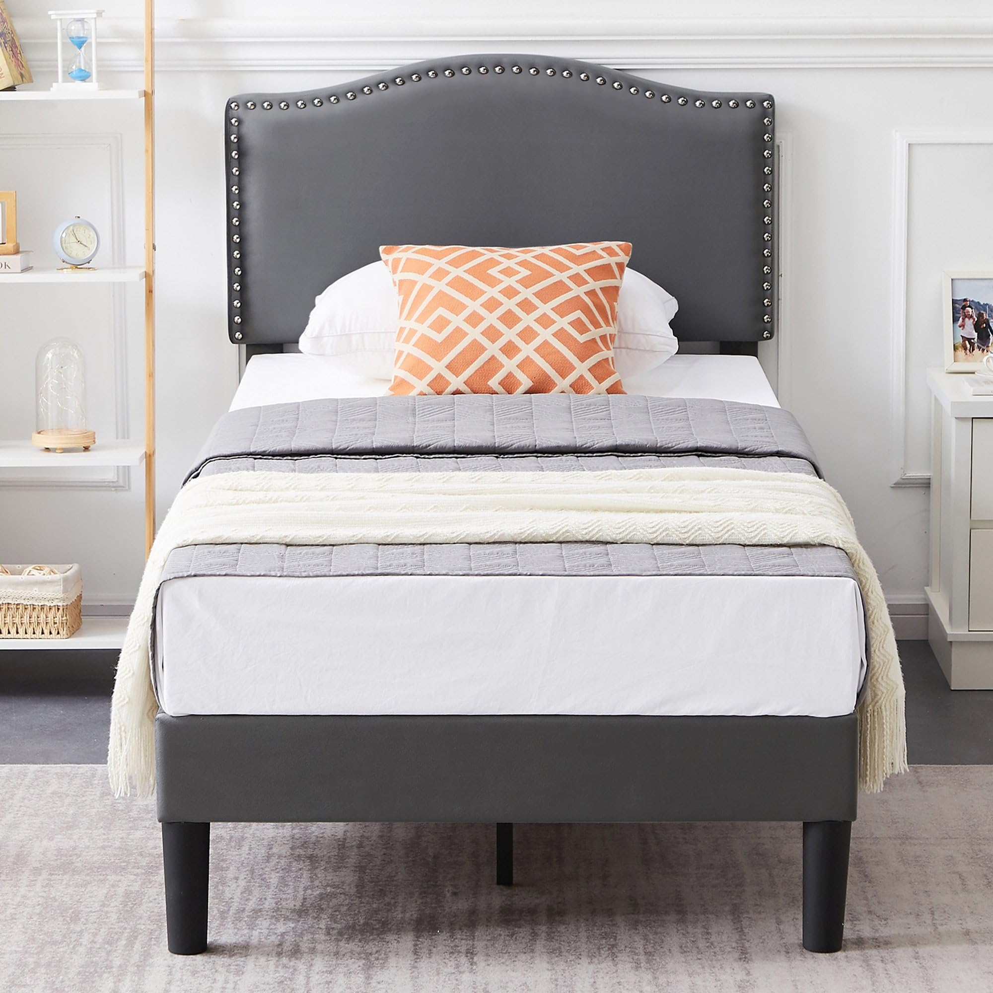 VECELO Twin Bed Frame, Platform Bed Frame with Adjustable Height Upholstered Headboard, Heavy-Duty Frame and Strong Wooden Slats Support, Non-Slip and