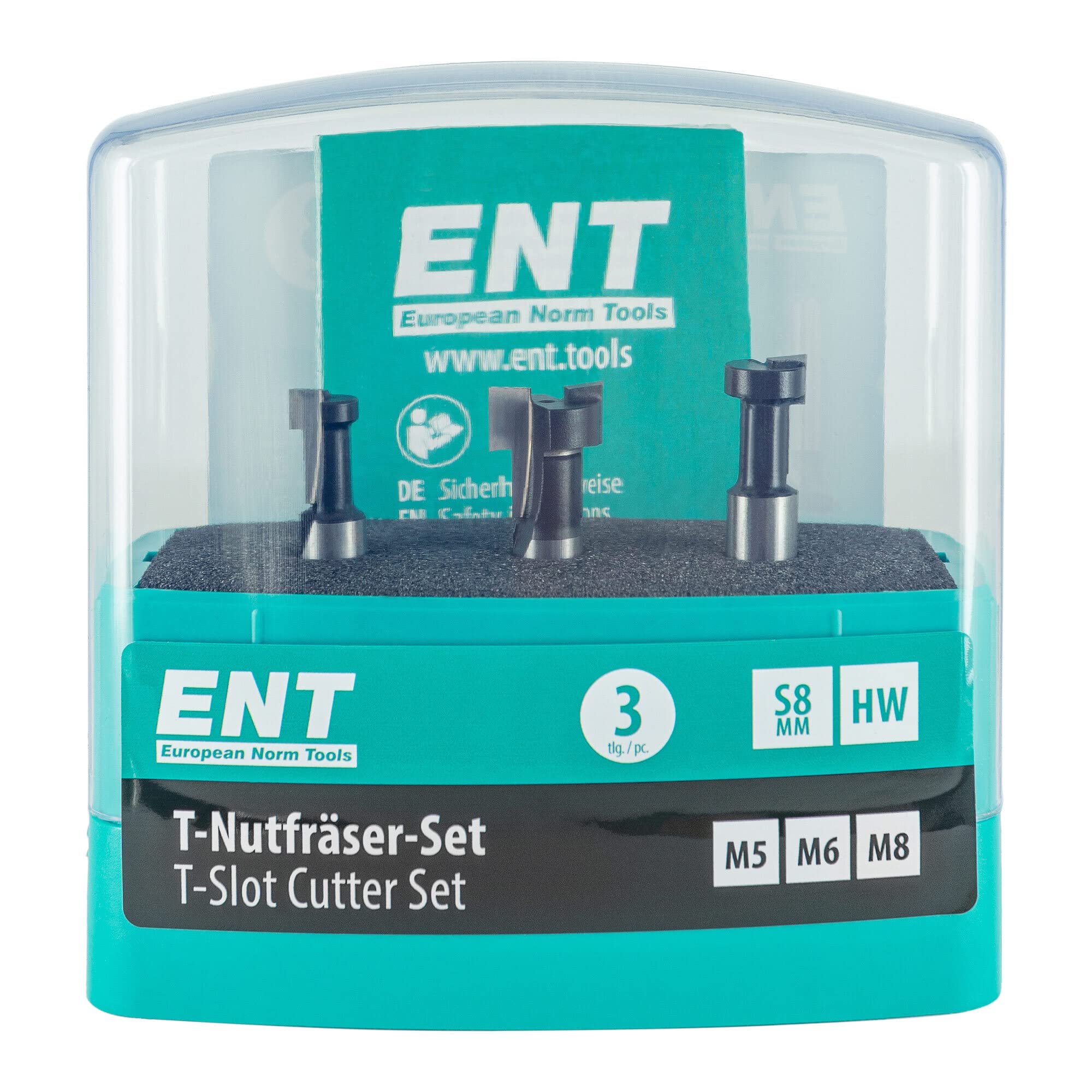 ENT 09003 Set da 3 pz. Frese per scanalature a T M5, M6, M8, codolo (S) 8 mm, in metallo duro, profili per scanalature a T per viti esagonali con filettatura metrica, frese legno