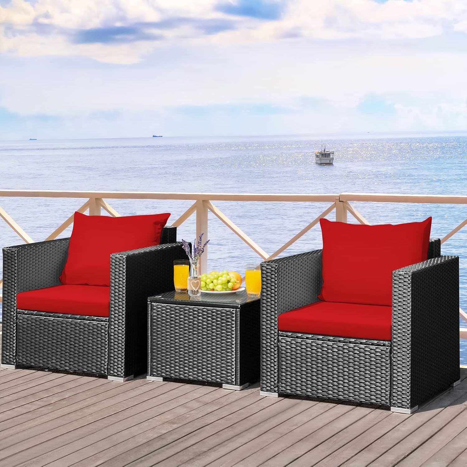 DORTALA 3 Pieces Patio Furniture Set, Outdoor Rattan Sofa Set with Cushions, Tempered Glass Tabletop, Wicker Conversation Furniture Set for Backyard, Garden, Poolside, Balcony, Red