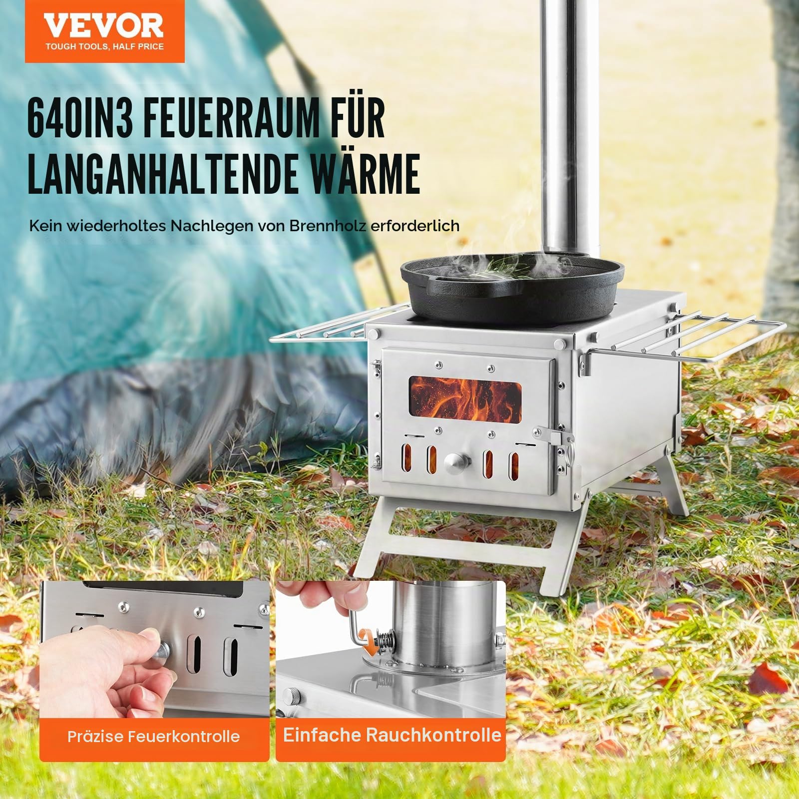 VEVOR Holzofen, 80 Zoll, Camping-Zeltofen aus Edelstahl, tragbarer Holzofen mit Kaminrohren und Handschuhen, 700 Zoll großer Feuerraum-Zeltofen zum Kochen und Heizen im Freien mit 8 Rohren