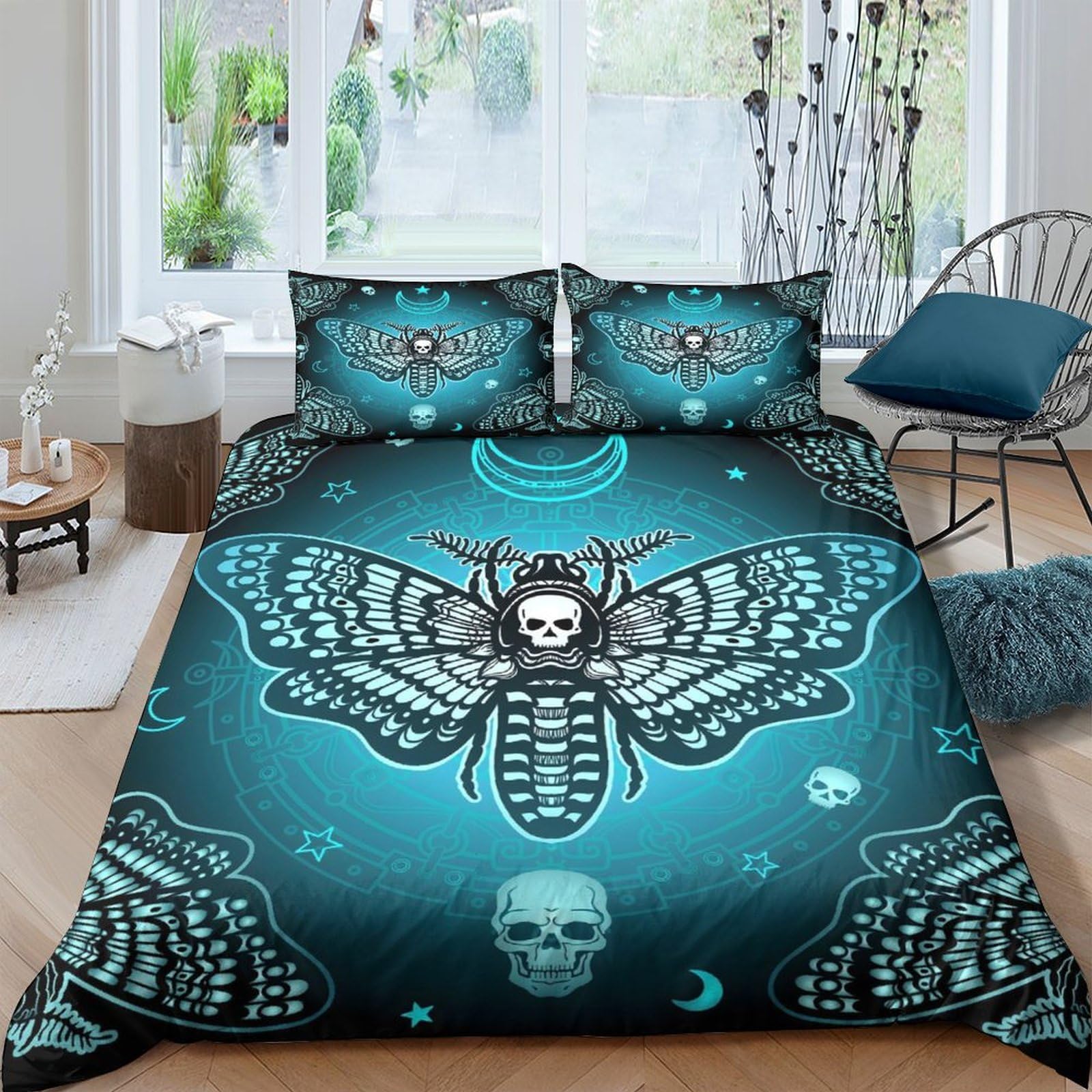 Ctjqhvkz Style-9 3D Printed Gothic Skull Moth Fitted Sheet Microfiber Blue Black Bed Cover For Bedroom Dorm Mattress Protection Decor Single（135X200cm）