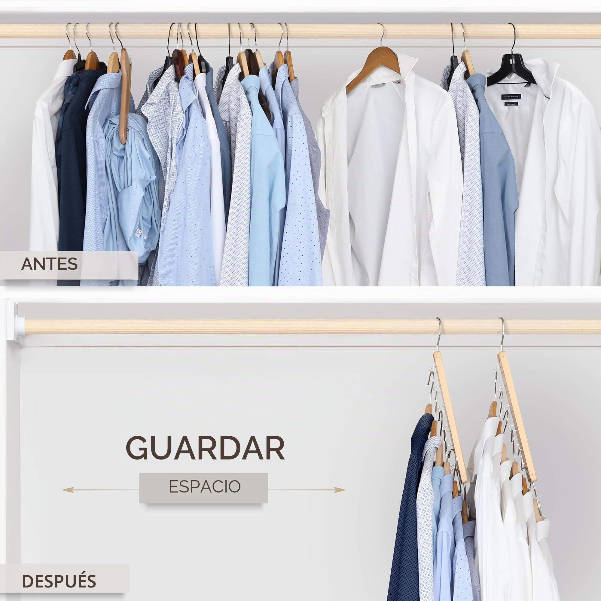 MORALVE Perchas que ahorran espacio para armario, paquete de 4 organizadores de camisas de madera de haya europea de 6 niveles con gancho giratorio de 360°, colgador de ropa plegable para organización