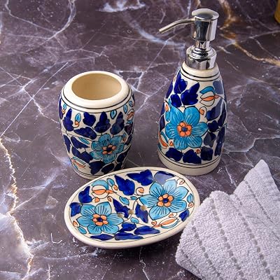 India Meets India Khurja Pottery Decorated Floral Design Bathroom Accessories Set with Soap Dish Liquid Soap Dispenser a