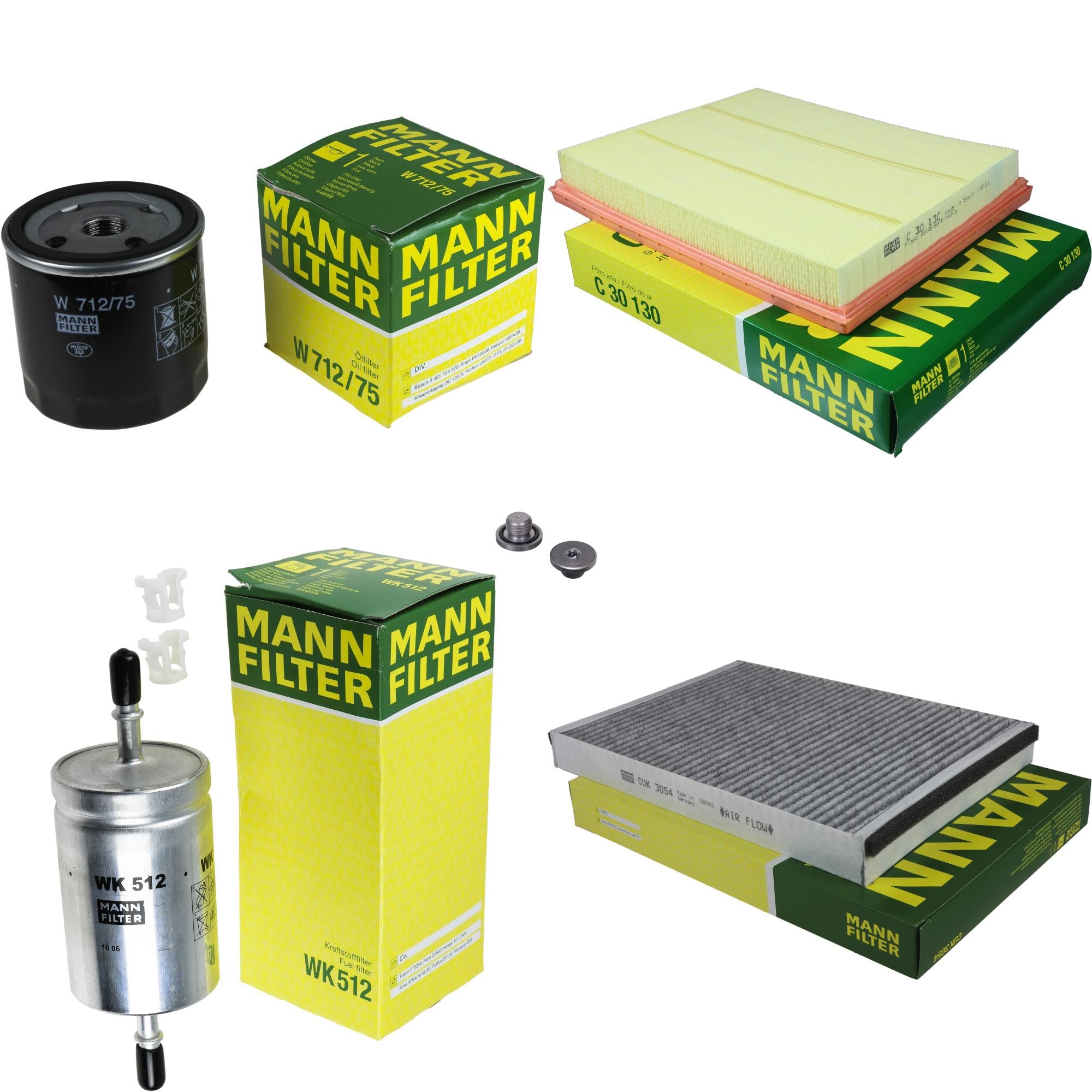 Paquete de inspección Kit de mantenimiento de filtros con filtro de aceite W 712/75, filtro de aire C 30 130, filtro de combustible WK 512, filtro de habitáculo CUK 3054, tornillo de cierre