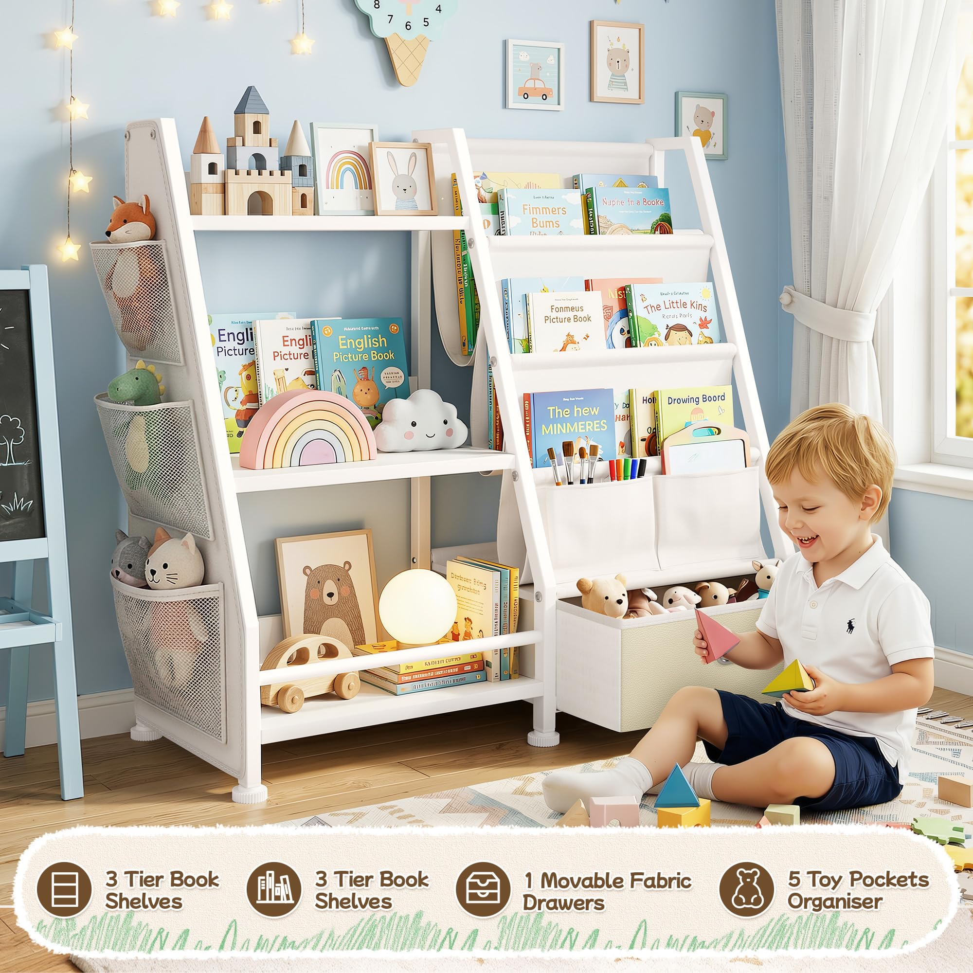 Kinderregal Kinderzimmer Weiß Offenen Aufbewahrungsregal: Kinder Bücherregal mit 3 Offenen Fächer - Spielzeug Regal mit 1 Aufbewahrungsboxen für Spielzimmer