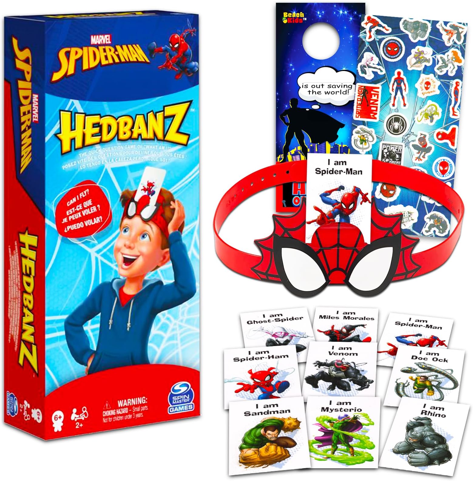 MarvelSpiderman Hedbanz Game - Spiderman Gift Bundle with Hedbanz Game Plus Stickers and More for Kids, Boys (Marvel Gifts)