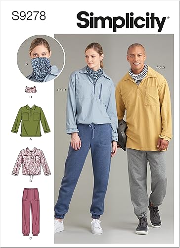 Simplicity Paquete de camisetas de media cremallera para hombre y mujer, cuello y pantalones sin cierre, patrón de costura código 9278, tallas
