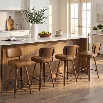 Bekrvio Swivel Brown Bar Stools Set of 4, 65CM Upholstered Faux Leather Breakfast BarStools with Back and Bent Wood Legs, Mid Century Modern Bar Chairs Kitchen Stool for Kitchen Counter