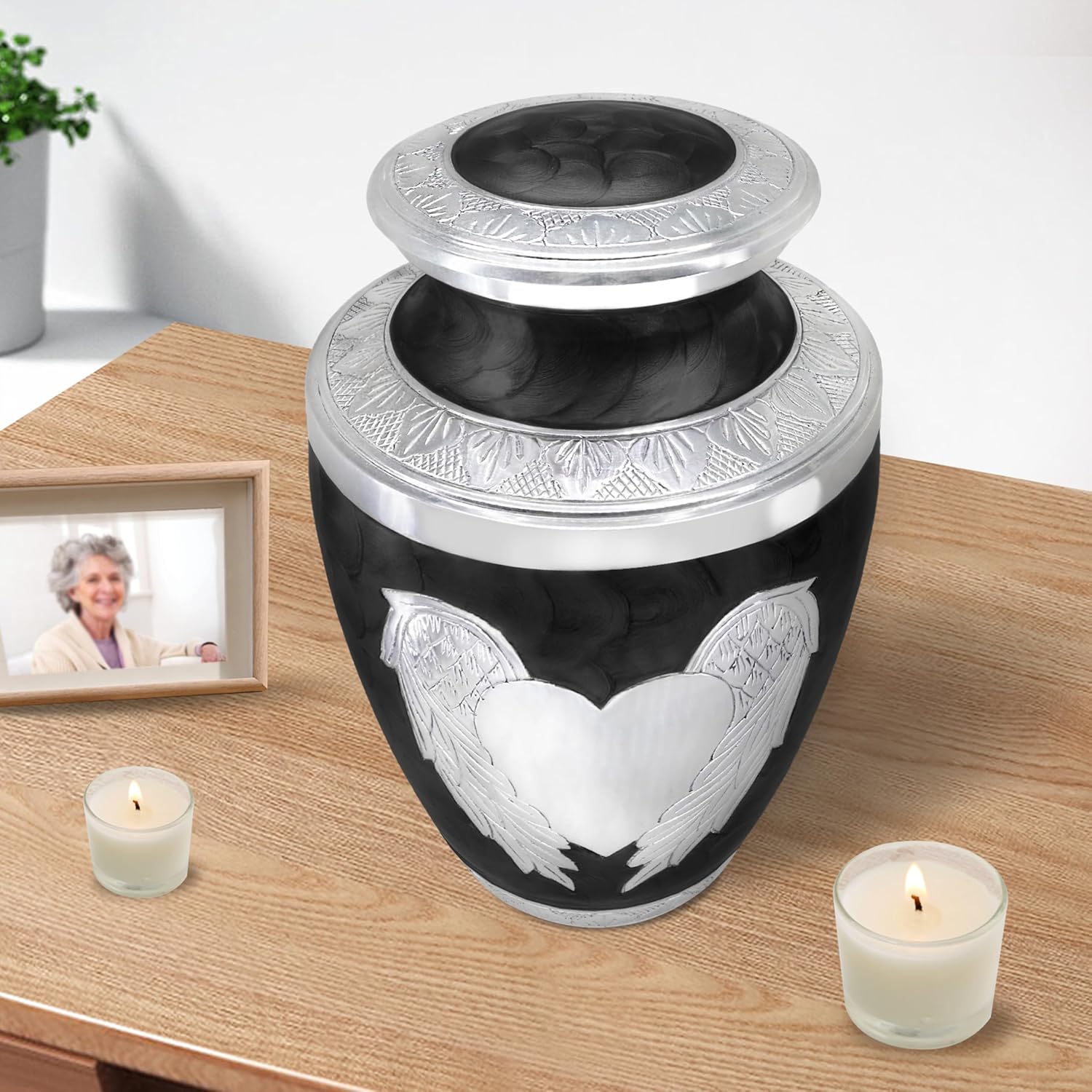 M MEILINXU Cremation Urns for Human Ashes Adult Man or Women, Funeral Urn for Ashes Adult Male or Female, Decorative Urns or Burial, Silver Angel Wings and Heart-Shaped, Black and Silvery - Large - Image 5