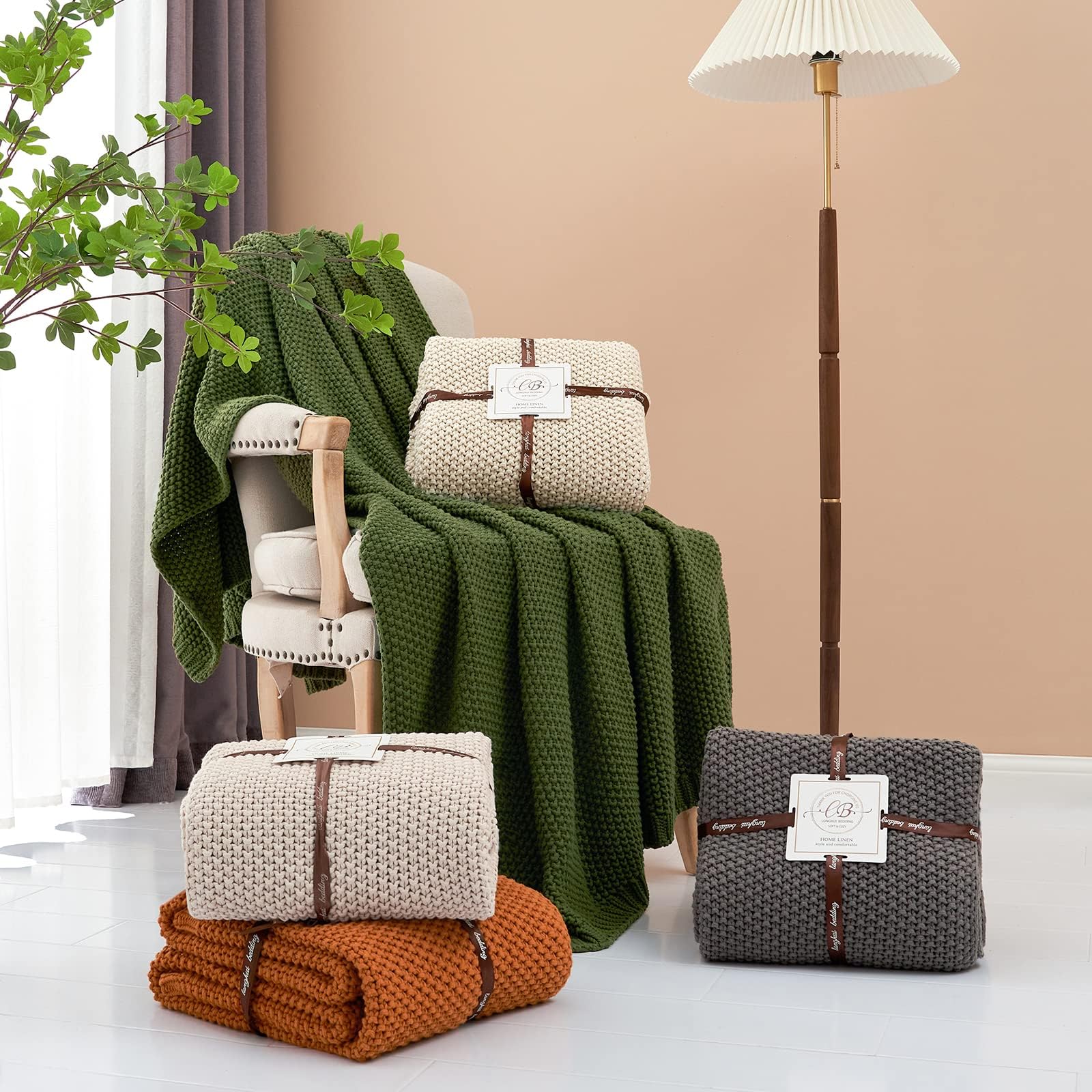 Chunky Cable Knit Throw Blanket Lightweight Grey 100% Organic Cotton Blanket for Sofa Couch Bed Baby Nursery, Rustic Shabby Chic Modern Farmhouse, Gray 51” x 63” Give Laundering Bag