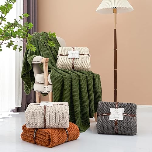 Miniatura 6 de Longhui bedding Manta de punto trenzado grueso, ligera, color verde oliva, 100% algodón orgánico, para sofá, cama, guardería, rústica, shabby chic,