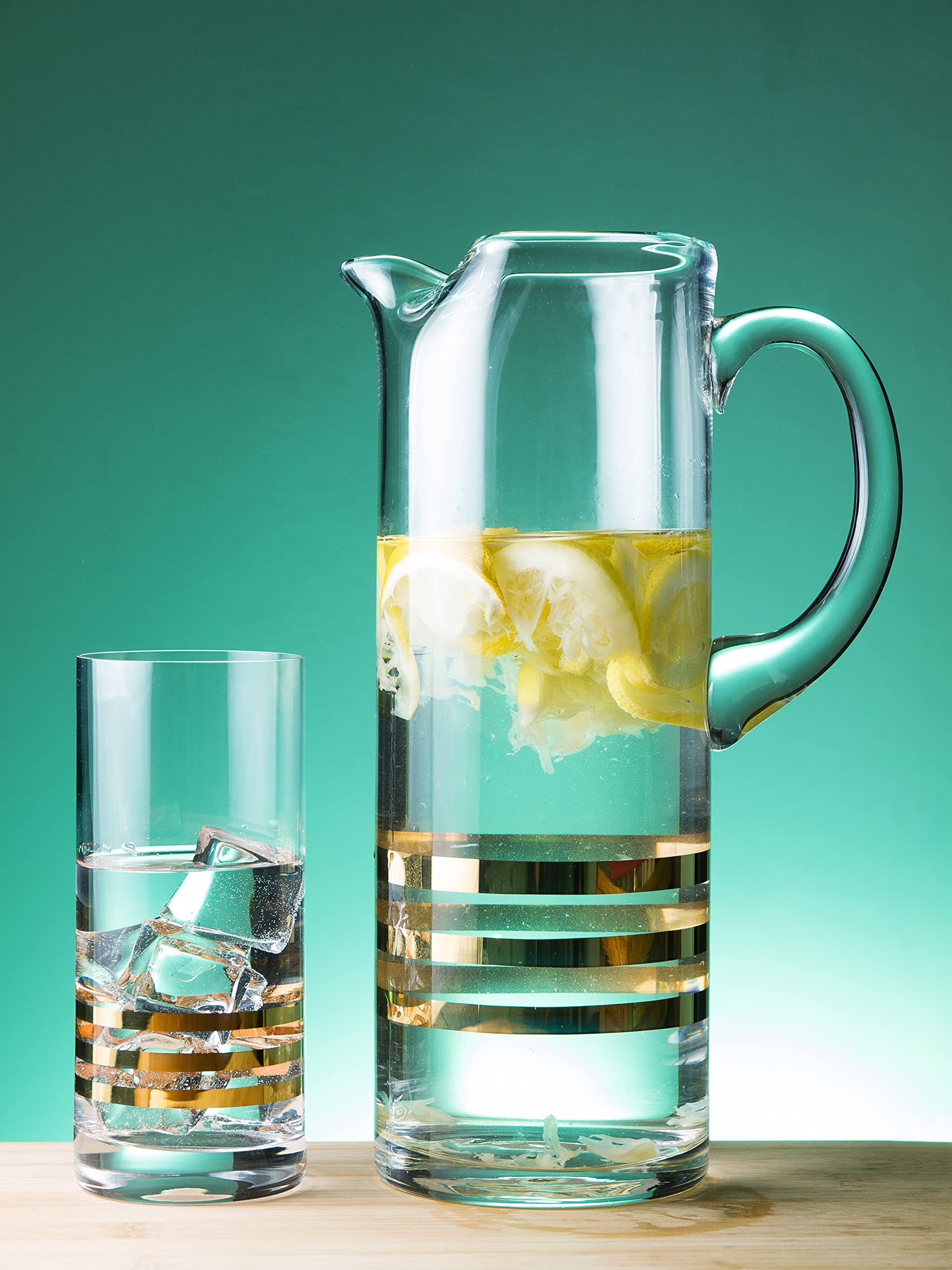 Highball - Juego de 4 vasos Hiball - Cristal de cristal - Tres rayas doradas - Vasos para beber, para agua, zumo, vino, cerveza y cócteles, 14 onzas - by Barski - Made in Europe