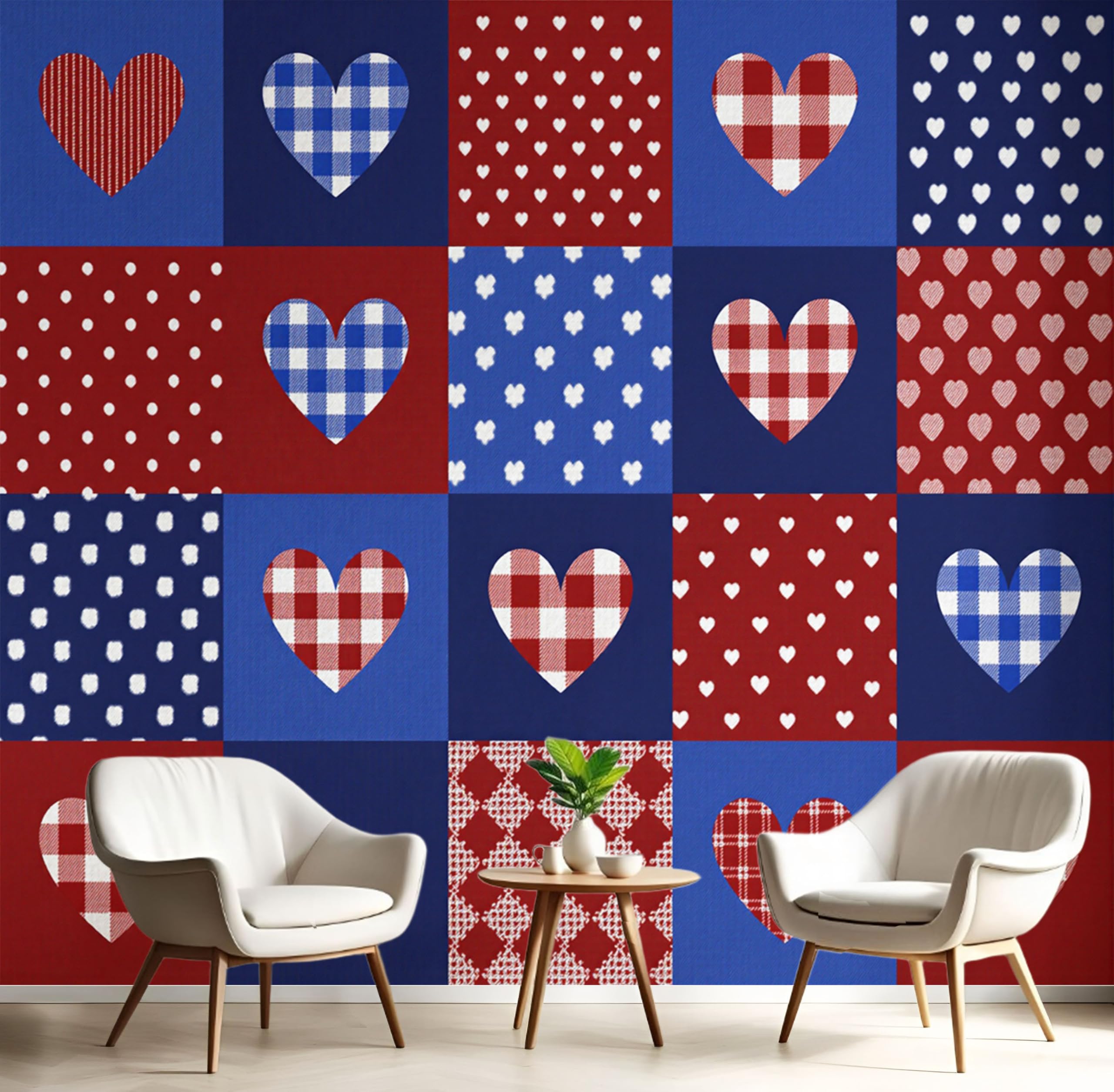 Papier peint panoramique patchwork 3D géométrique grand format rouge et bleu 400x280cm
