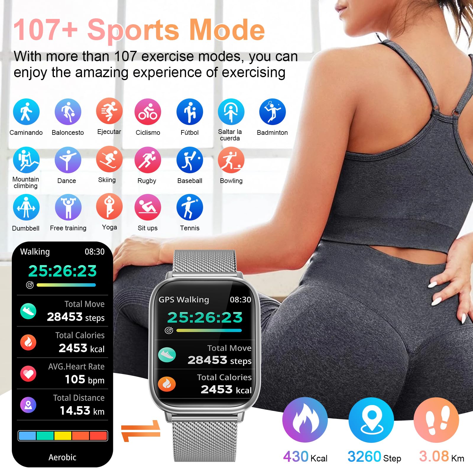 Smartwatch donna, 1,83" Orologio bluetooth con Effettua/Risposta Chiamate,113+Sportive Smart watch Contapassi/24H Cardiofrequenzimetro/Sonno/SpO2, IP68 Fitness Tracker per Android iOS(Argento)