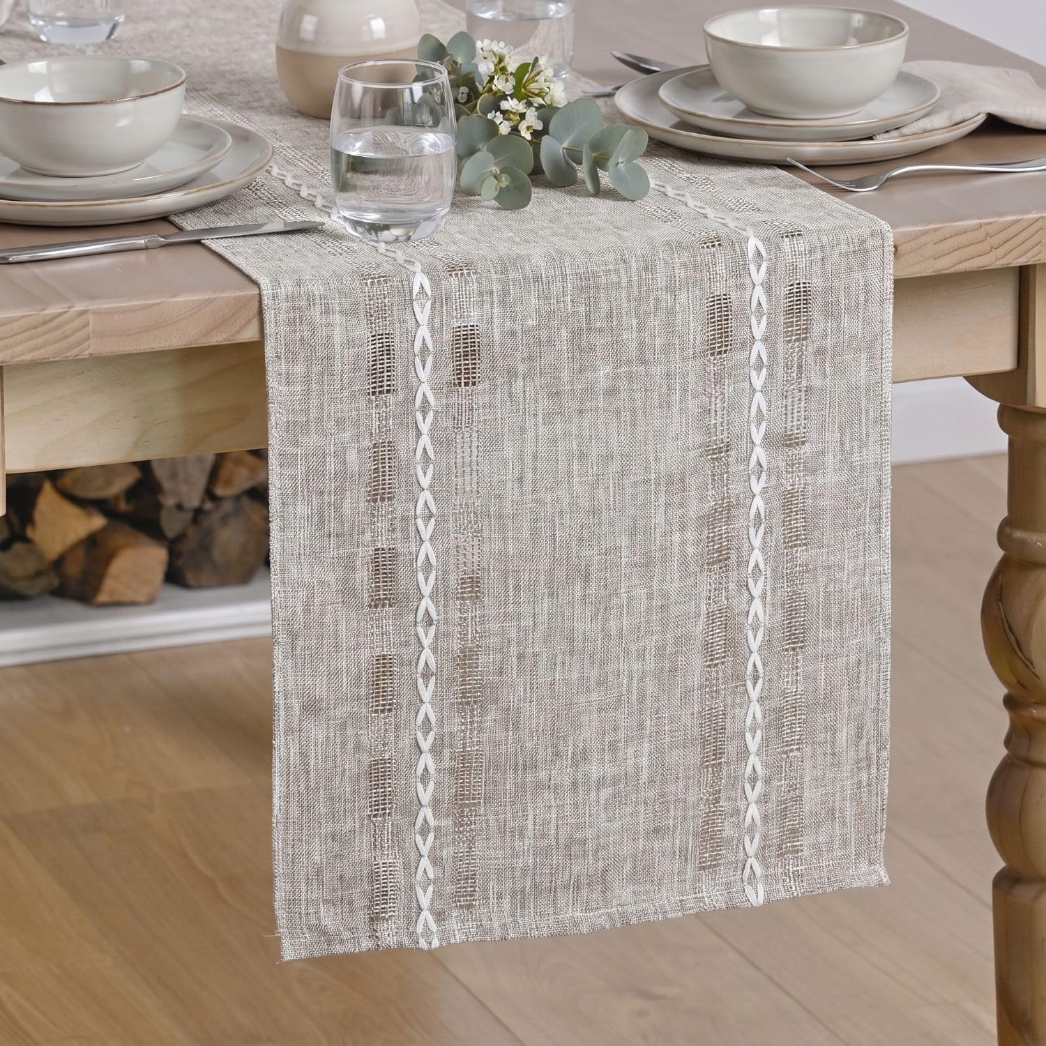 Artoid Mode Beige Embroidered Blend Farmhouse Hollow Table Runner, Seasonal Rustic Kitchen Dining Table Decoration for Home Party Decor 13x90 Inch
