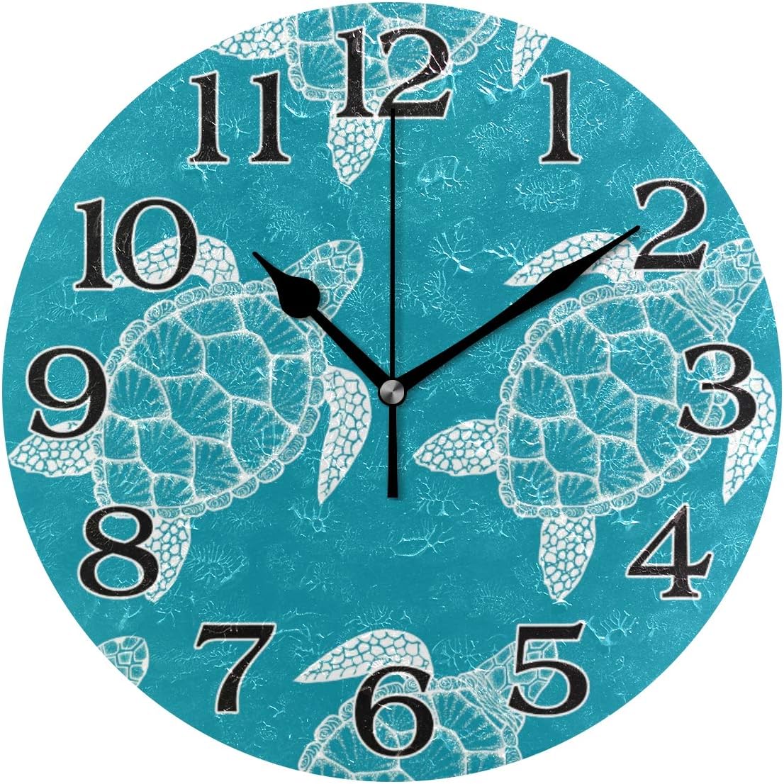 LinomoOcean Sea Turtle Wall Clock Decor, Silent Non Ticking Round Clock Quiet for Kitchen Living Room Bedroom Bathroom Office