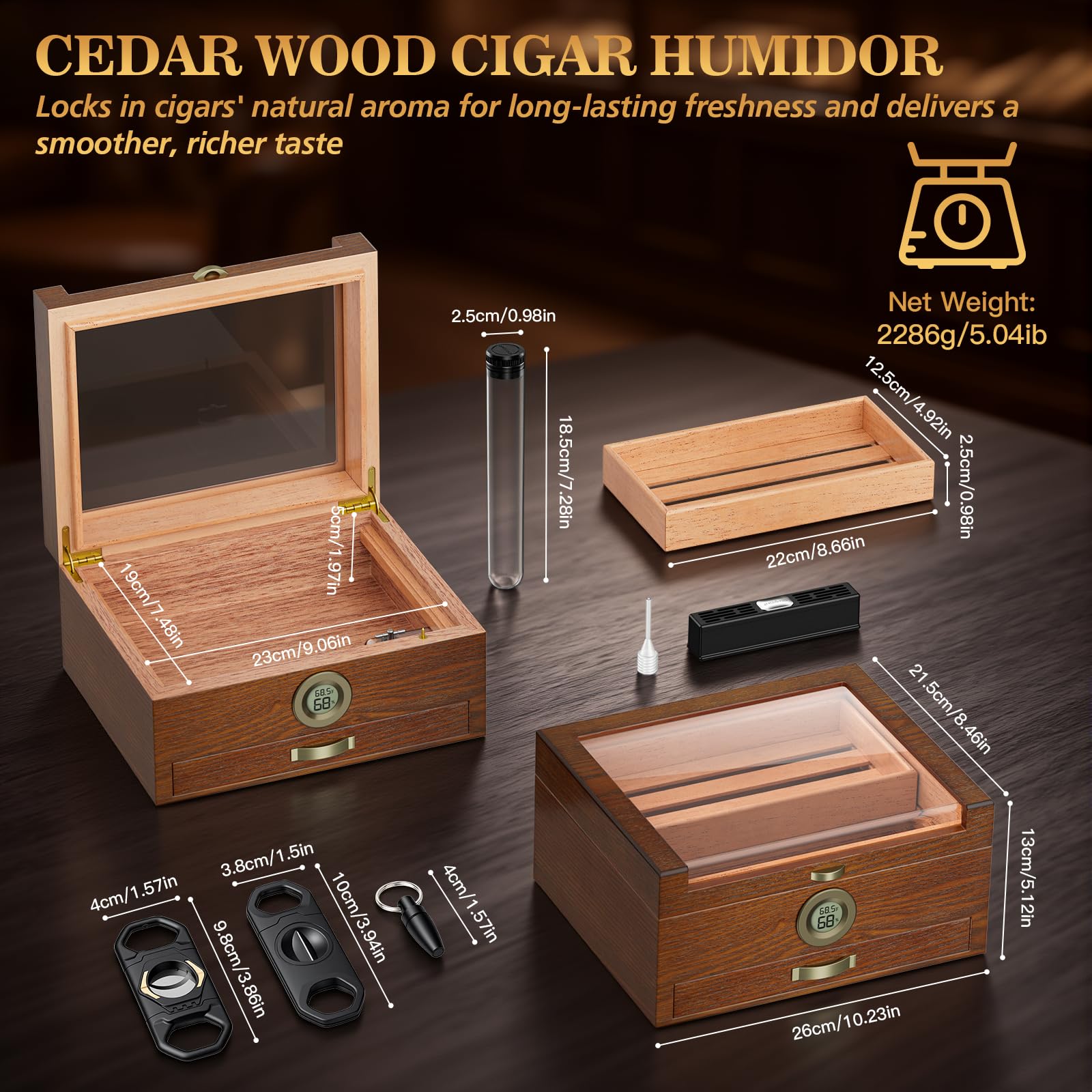 Umidificatore per sigari, in legno di cedro, con igrometro digitale e umidificatore, sistema di carillon integrato e cassetto per accessori, include vassoio in legno di cedro e 2 tubi per