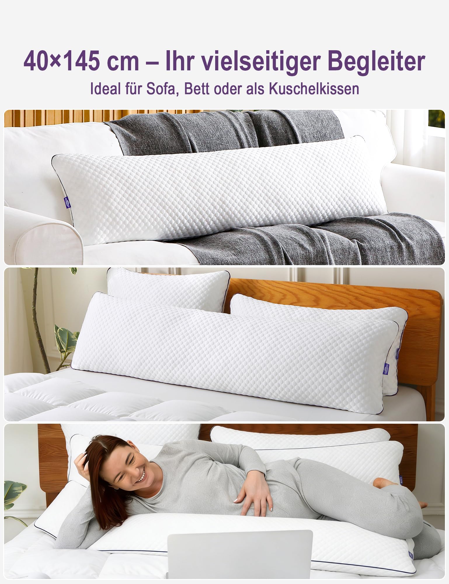 40x145cm Seitenschläferkissen 1 Stück, Memory-Foam-Körperkissen | Höhenverstellbar | Reißverschluss | abnehmbarer Bezug | für alle Schlafpositionen | ganzjährige Nutzung