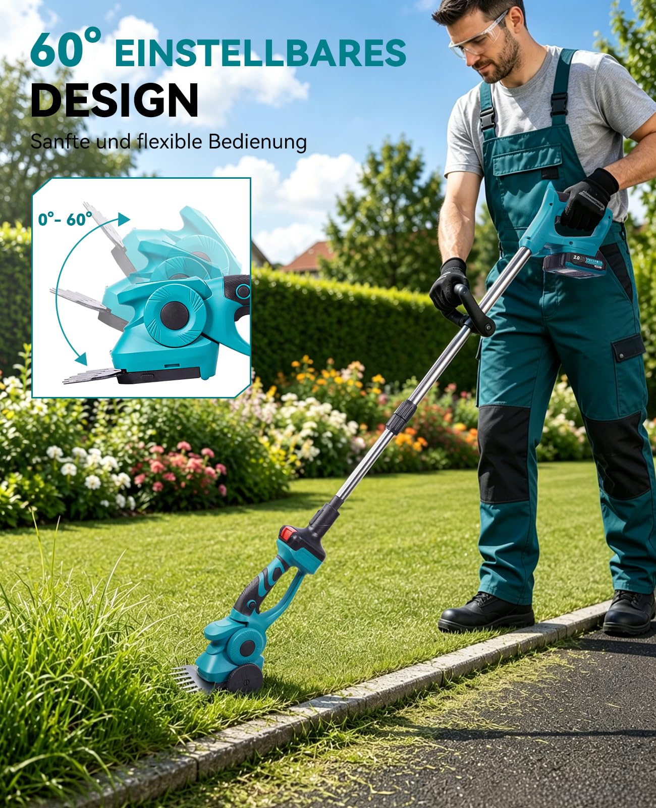 Yofidra 3-in-1 Rasenschere & Heckenschere Akku mit stiel, 2 2000mAh Akkus | Akku Grasschere mit stiel, Rädern, 13cm/22 cm SK5-Klinge, Rasenkanten trimmen, Sträucher schneiden, für klein. Garten
