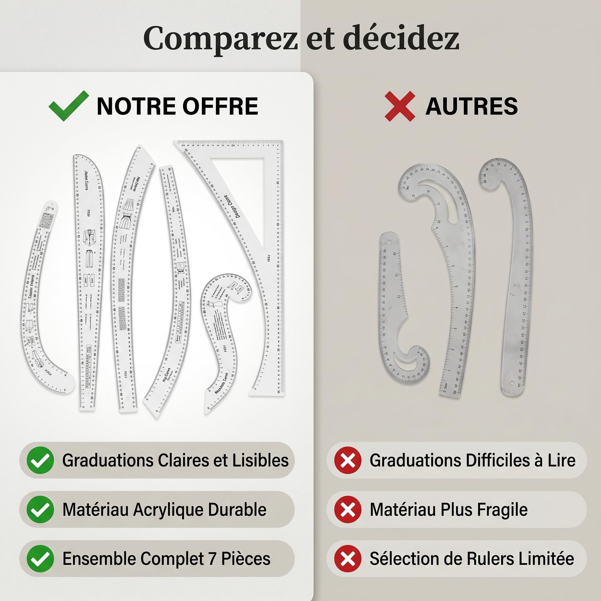 Set di 7 Righelli per Curve Francesi, Strumenti per Design di Modelli di Moda, Righelli per Cucito