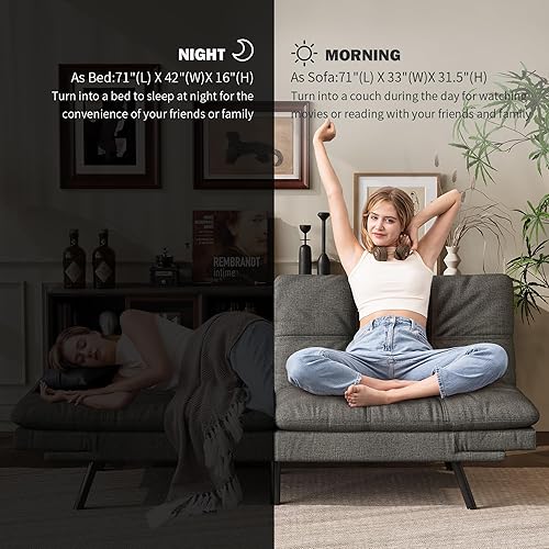 Miniatura 17 de Vyfipt Sofá cama tipo futón, sofá pequeño de espuma viscoelástica de piel sintética para sala de estar, sofá biplaza moderno con reposabrazos Negro