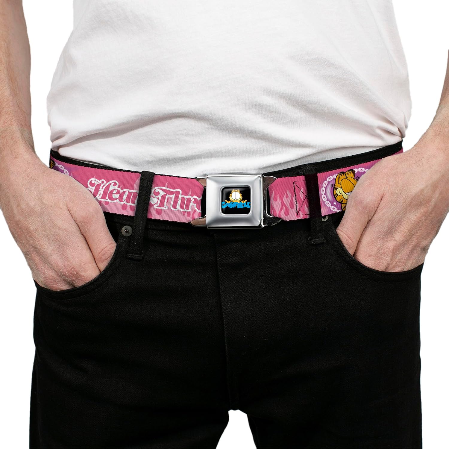 Garfield Belt, Seatbelt Buckle, Garfield Heart Throb Flames Pose Valentine Pinks