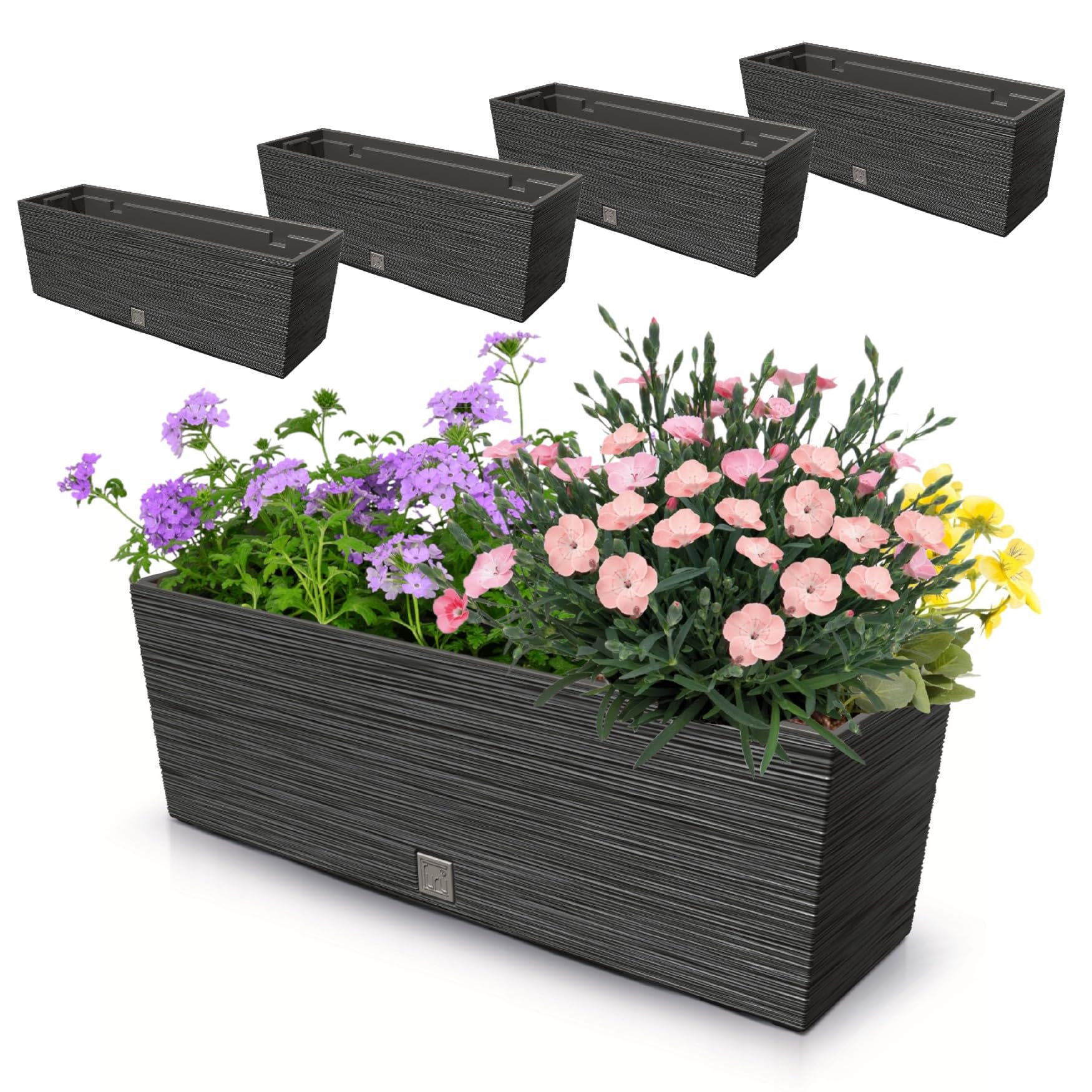 botle 4 Stck. Blumenkasten Meißel Balkonkasten Pflanzkasten Anthrazit 18L 58 cm mit Topf Einsatz 12L Pflanzkübel Einzigartiger Blumentopf Kunststoff Selbstbewässernd Drainageloch