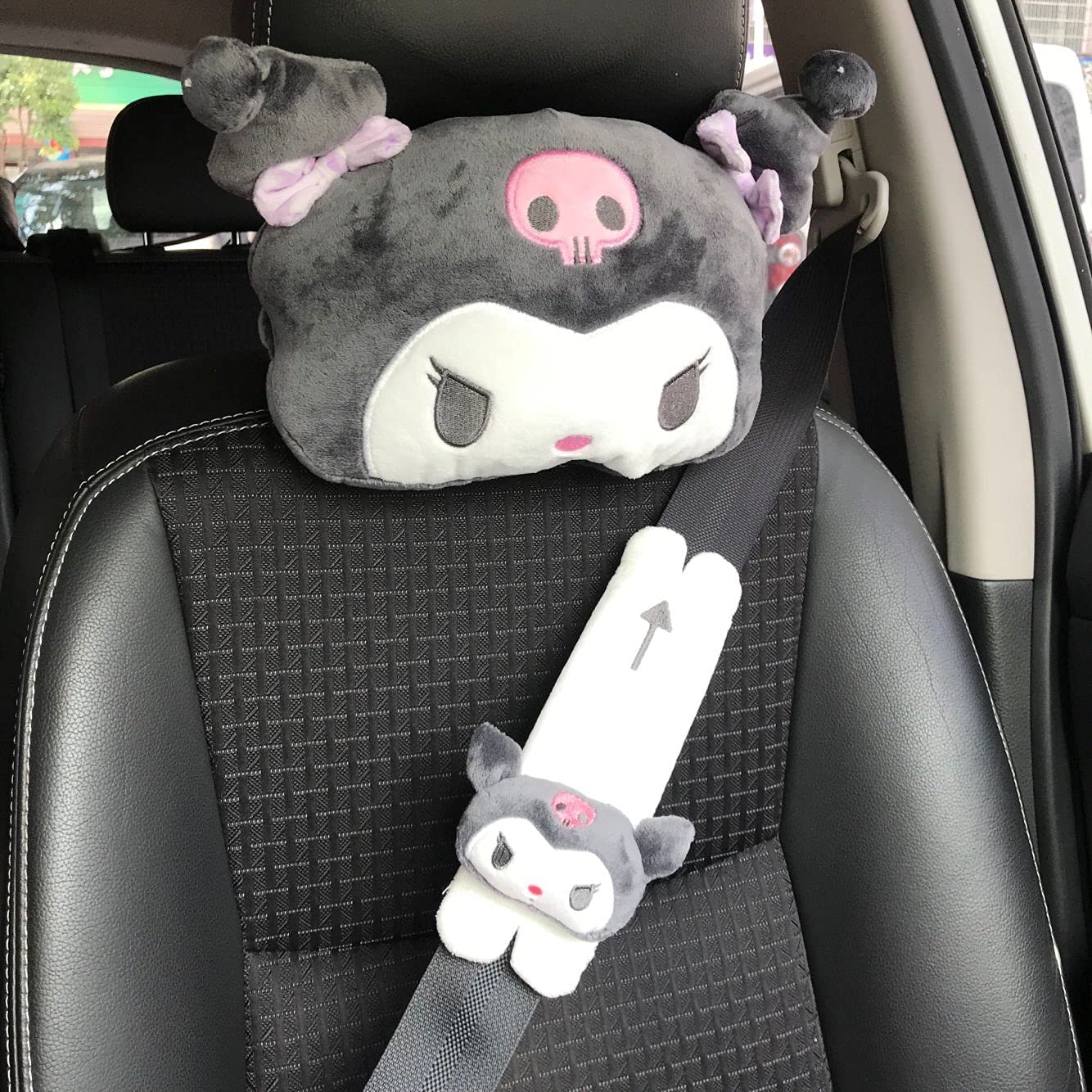 2pcs/Set Black Auto Car Plush Anime Neck Pillows Cute Headrest Seat Belt Covers Shoulder Pads