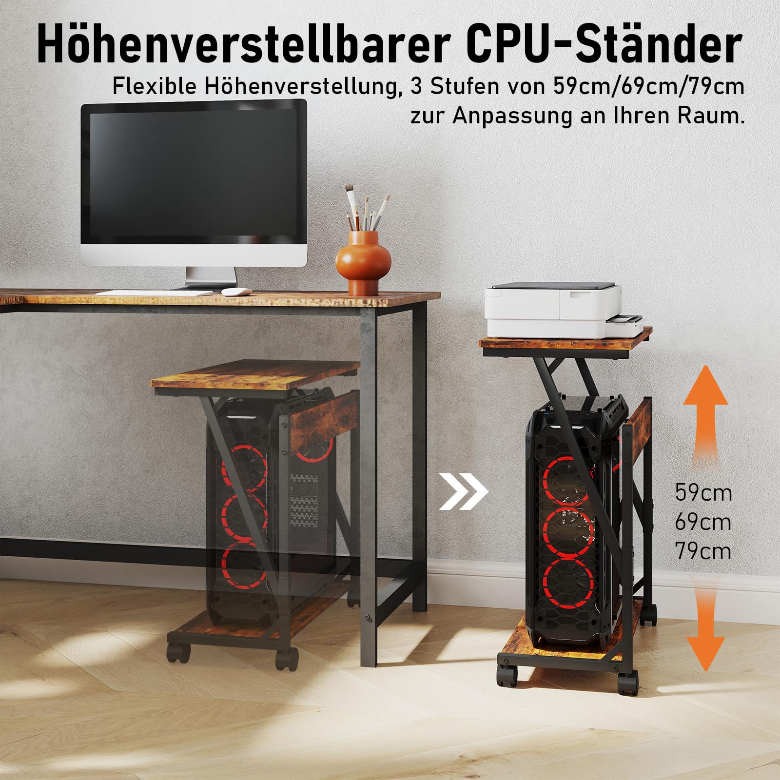 Computer Tower Ständer, Höhenverstellbarer CPU Stand, CPU Halter PC Regal mit Rollen, Druckerständer unter Schreibtisch, 2 Schicht Computer Ständer Drucker Cart