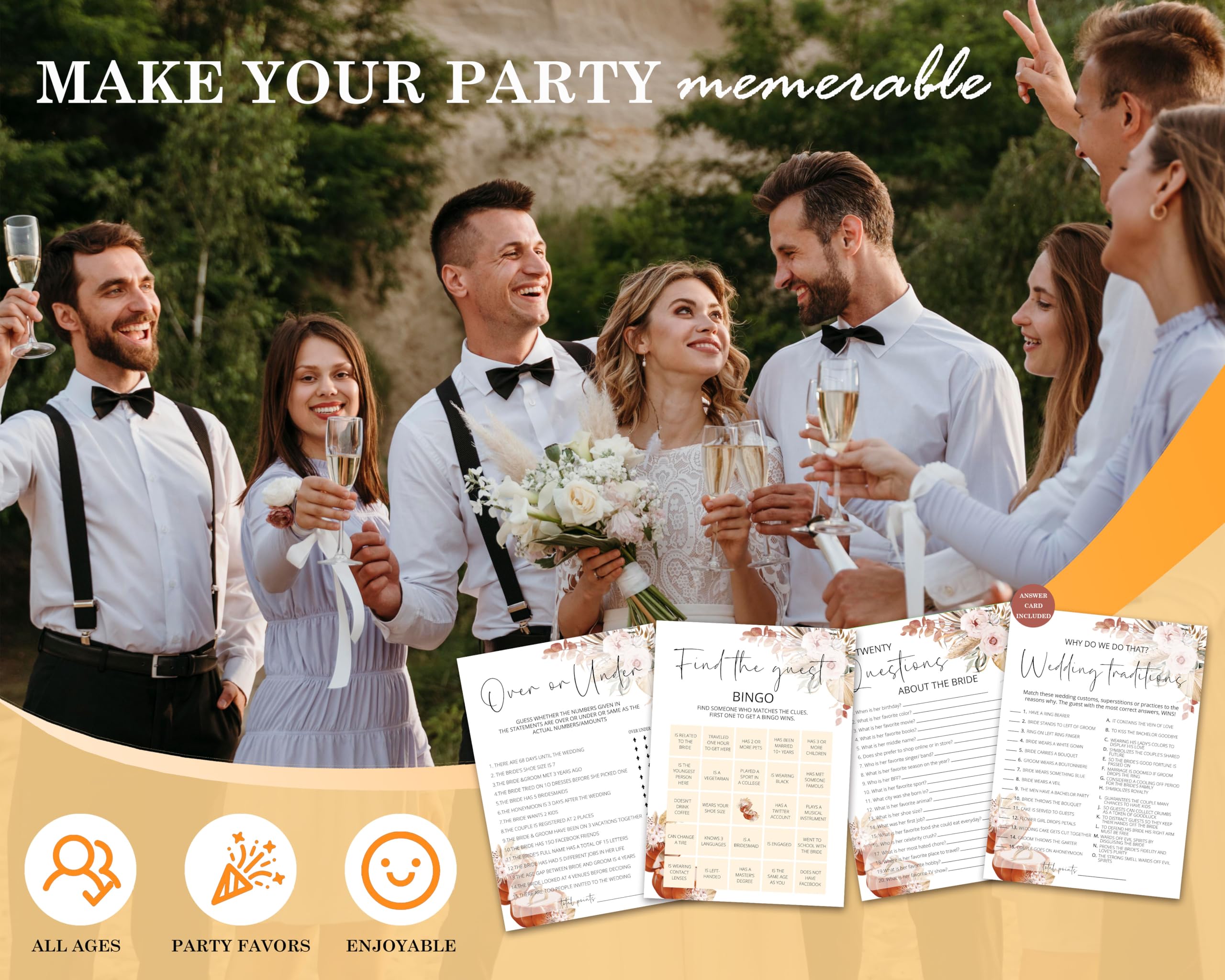 Zestaw gier dla nowożeńców - 4 kwiatowe gry ślubne w stylu boho dla 25 gości - zawiera ponad lub poniżej, tradycje ślubne, bingo - Love is in Bloom upominki na wieczór panieński - jesienna dekoracja