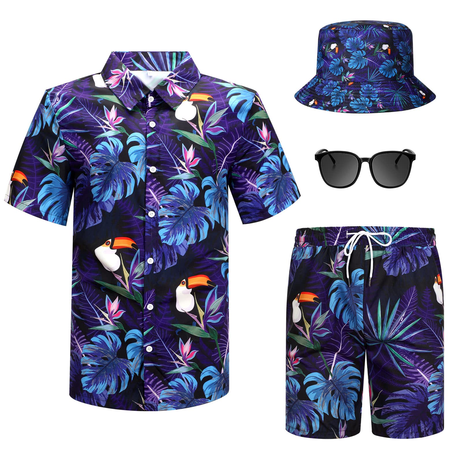 4-teiliges Hawaii-Hemd und kurzes Set für Herren, lässiges Button-Down-Sommer-Strand-Blumen-Outfits mit Hüten und Sonnenbrillen