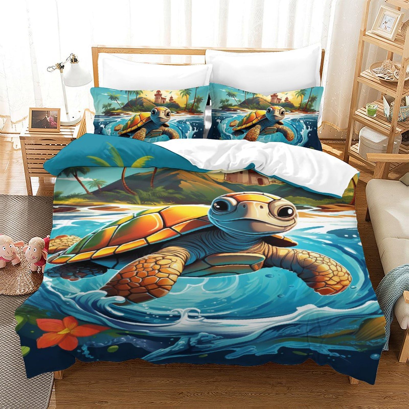 Ensemble de literie tortue marine 3D en microfibre avec housse de couette 140x200 et taies d'oreiller