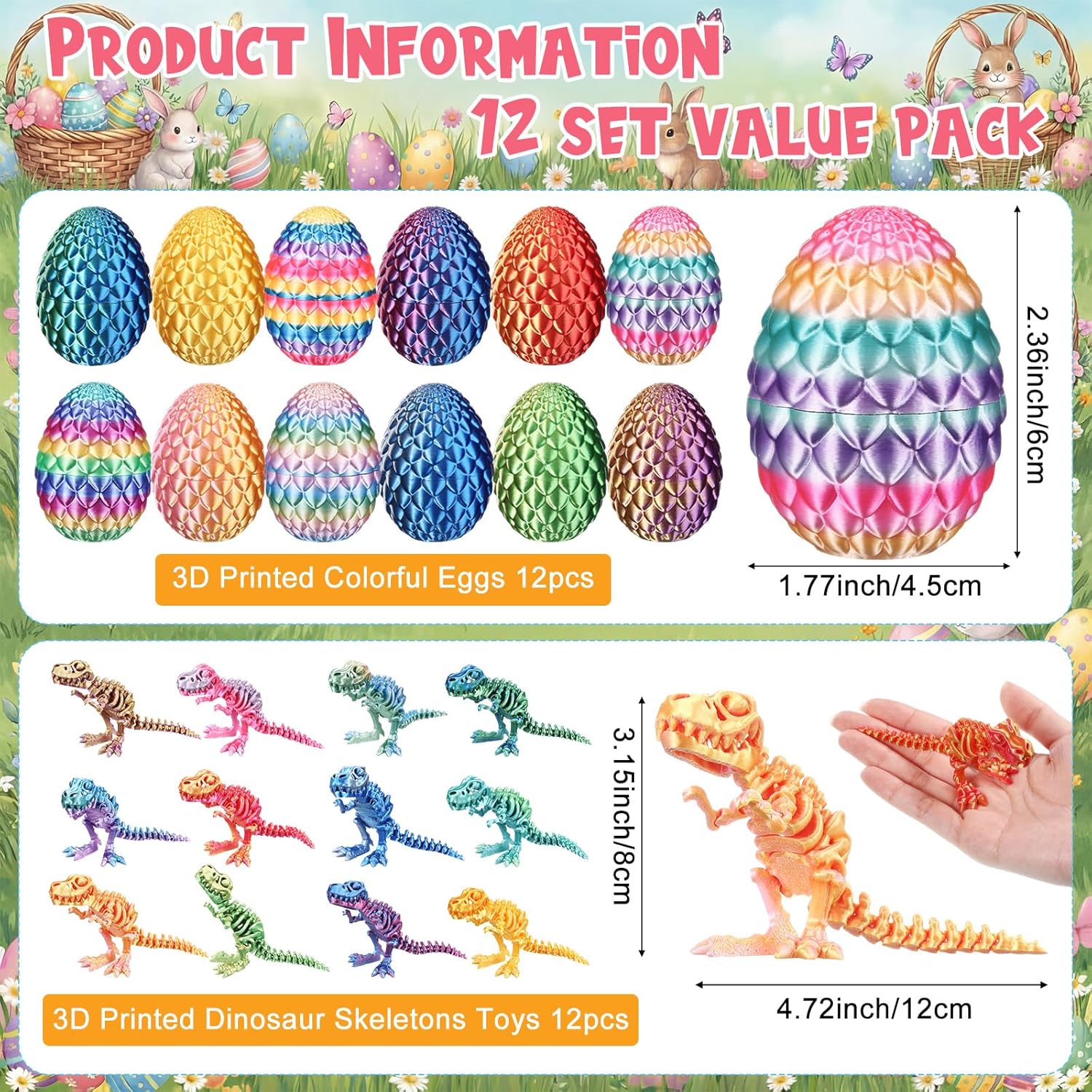 Honoson 12 Set 3D Printed Animals with Dragon Eggs 3D Printed Dragon Eggs Flexible Articulated Mini Animal Figurines Desk Pets for Party Favor Home Decor Easter Basket Stuffers(Tyrannosaurus Rex)