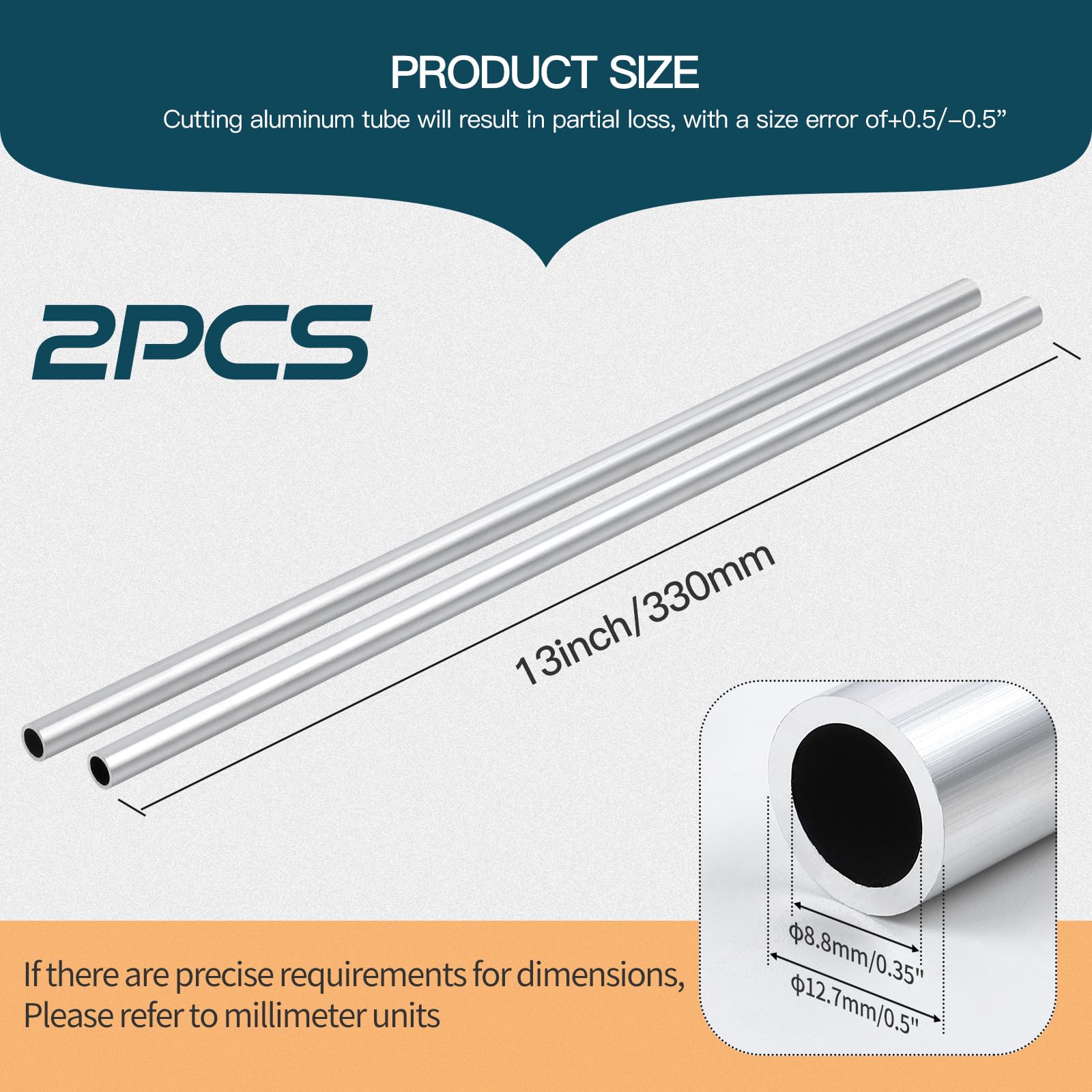 UAUAFIFI 6061 Aluminum Tubing, 12.7mm OD Seamless Aluminum Round Tube,2mmWall x 330mm Length Metal Straight Pipe for Diy, Industry, Decoration (2Pcs, 12.7x8.8x330mm)