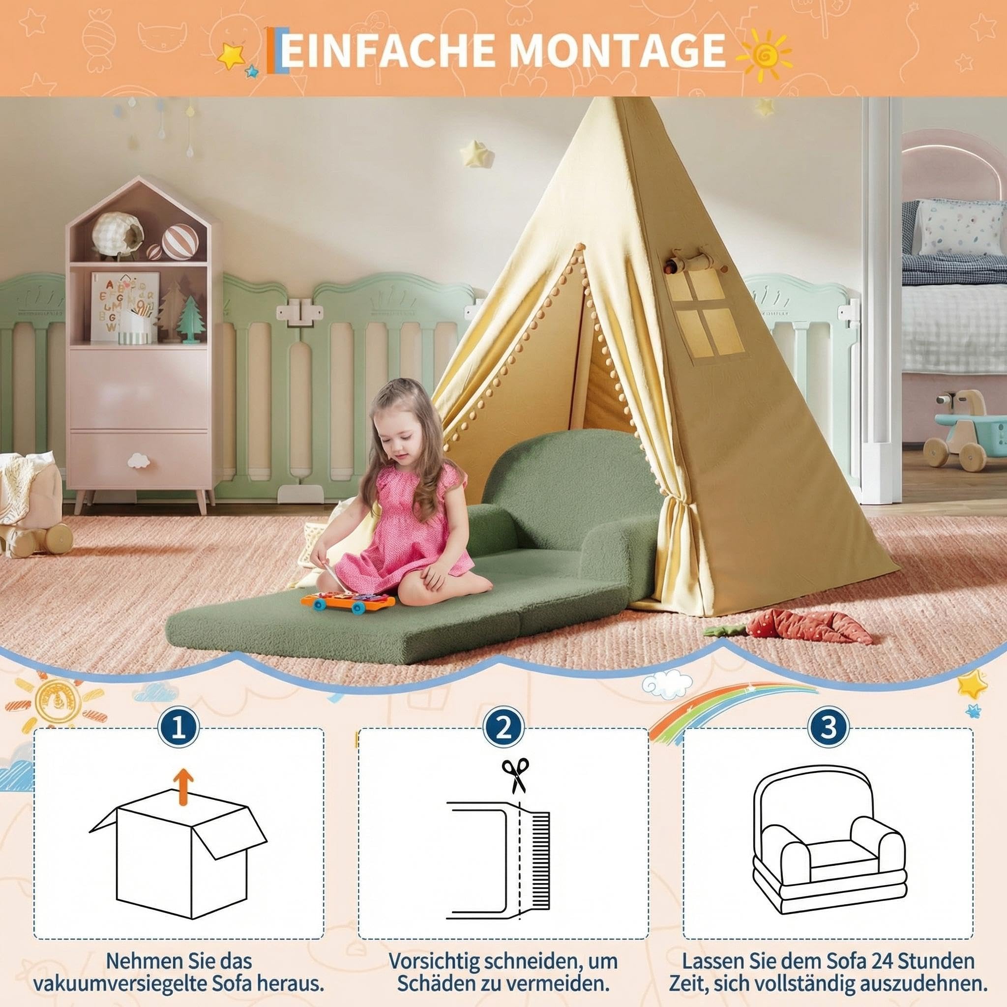 Garvee 2-in-1 Kindersofa & Loungesessel, Faltbar Kinder Sofa, Weiches Teddyfleece Kindersessel mit Abnehmbarem Bezug, Klappbarer Kindercouch als Liege, Kinder - Grün