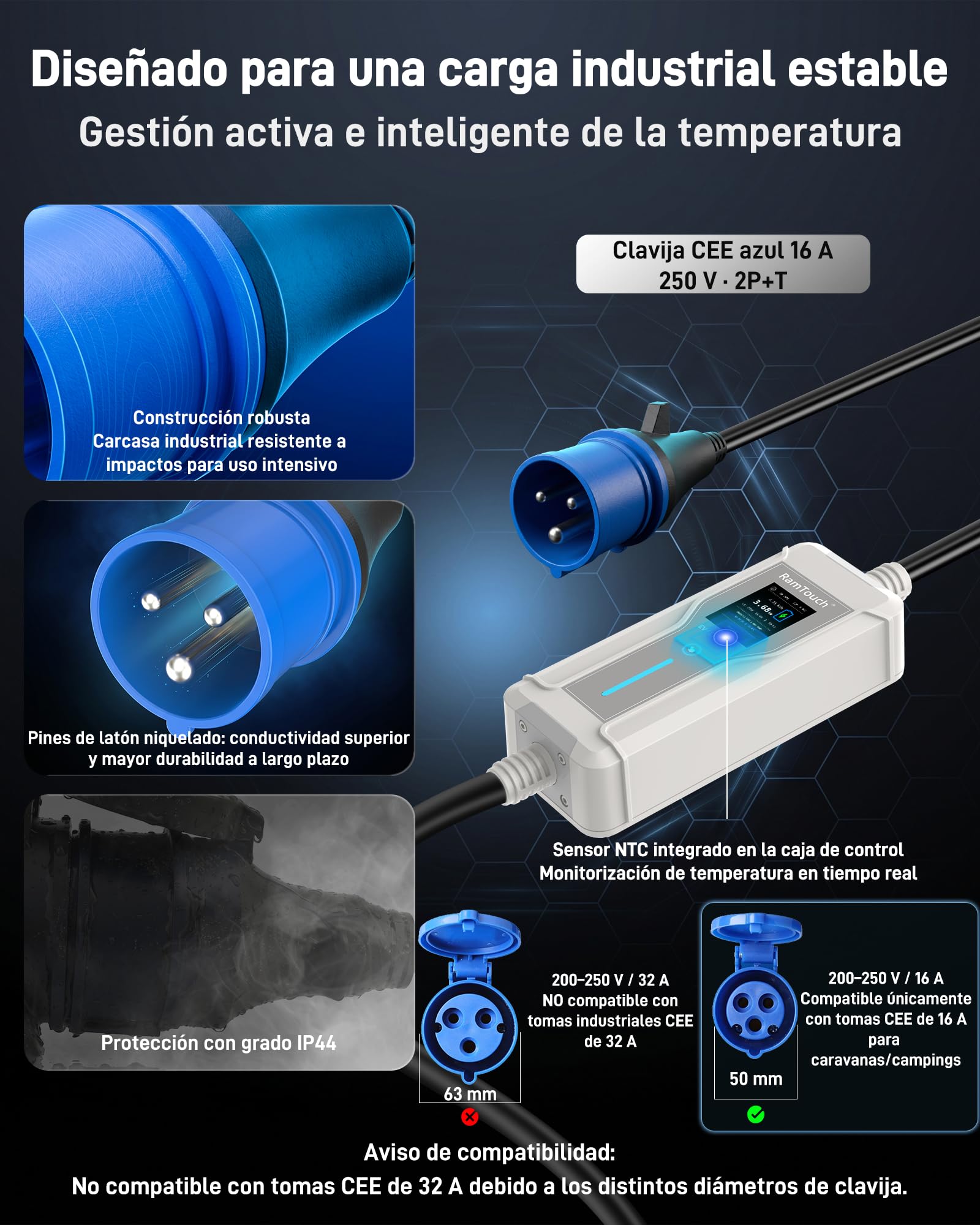 Cargador EV (3,7 kW, 16 A, 7,5 m) | CEE Azul Camping 16A a Tipo 2 | Monofásico | IP67 | 6–16 A | Timer + inicio diferido | LCD 2,4" | RCD CA/CC | Cable Modo 2 / wallbox móvil | para VE y PHEV