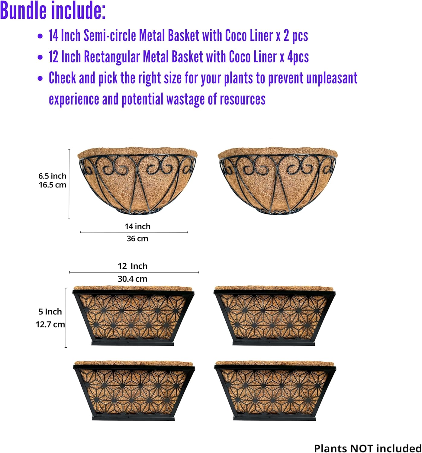 LaLaGreen Bundle- 2 Pack, 14 Inch Hanging Metal Basket + 4 Pack, 12 Inch Rectangular Metal Basket Black Wall Mounted Flower Pot Plant Trendy Holder Balcony Porch Fence Railing Deck Patio Home Decor