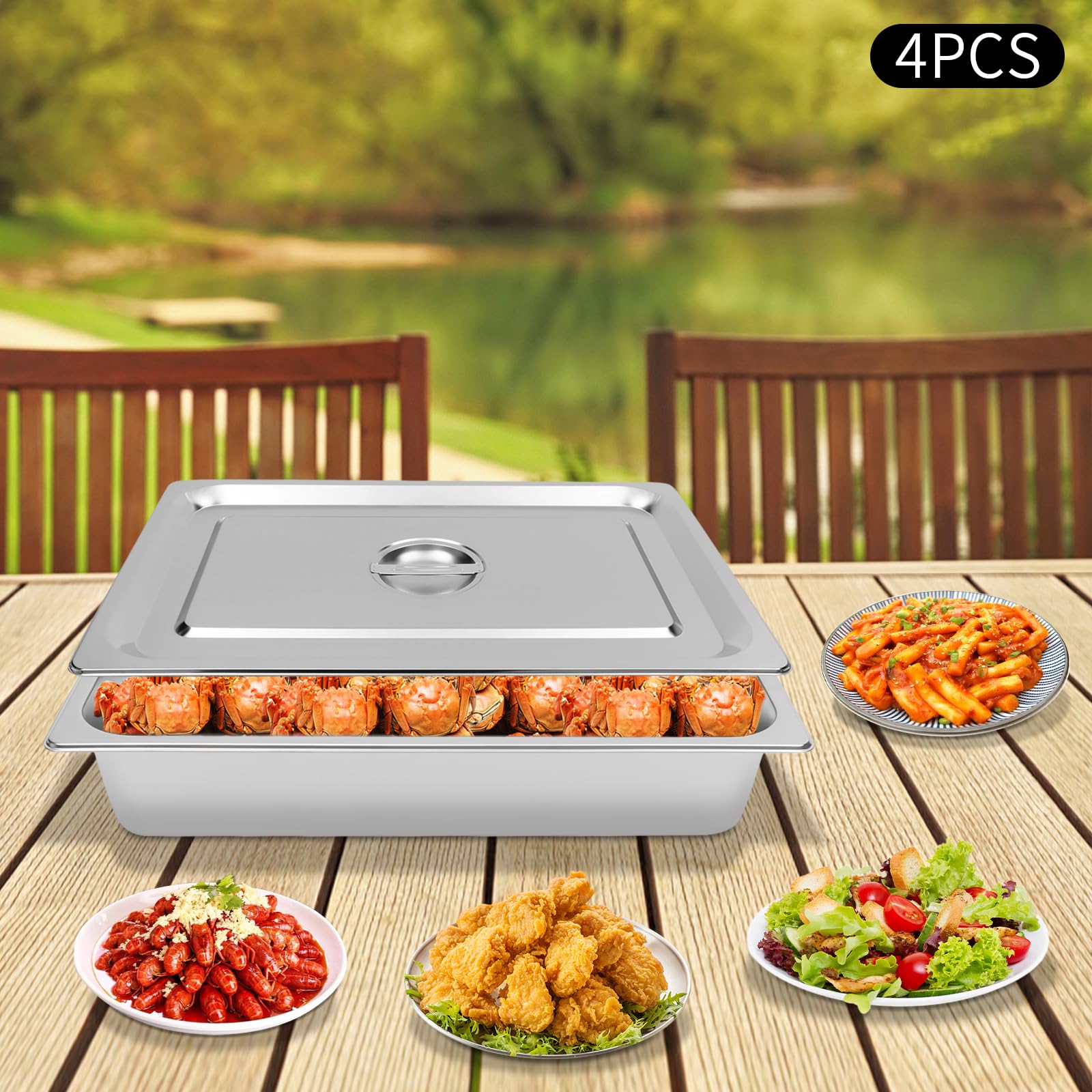 4pc Folding Frame Table Pans with Lids, 9.5Quart-Each Stainless Steel Food Catering Chafer Warmer Set, Silver 4-Pack Rectangular Steam Pans Server for Kitchen, Party, Banquet, Dinning