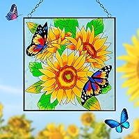 Vista 2 de Colgantes de ventana de girasol y mariposa, panel de cristal de 11 pulgadas con cadena para colgar en la ventana, regalos para amantes