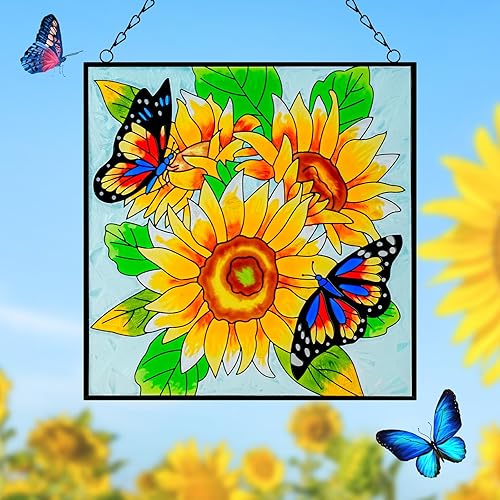 Miniatura 2 de Colgantes de ventana de girasol y mariposa, panel de cristal de 11 pulgadas con cadena para colgar en la ventana, regalos para amantes