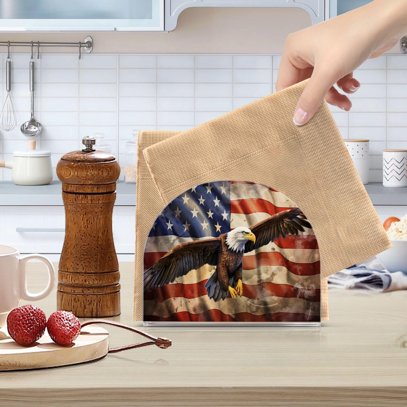 Servilletero de papel acrílico con diseño de bandera americana para mesa, cocina, decoración de mesa, comedor, interior, exterior, fiesta, vacaciones, accesorios