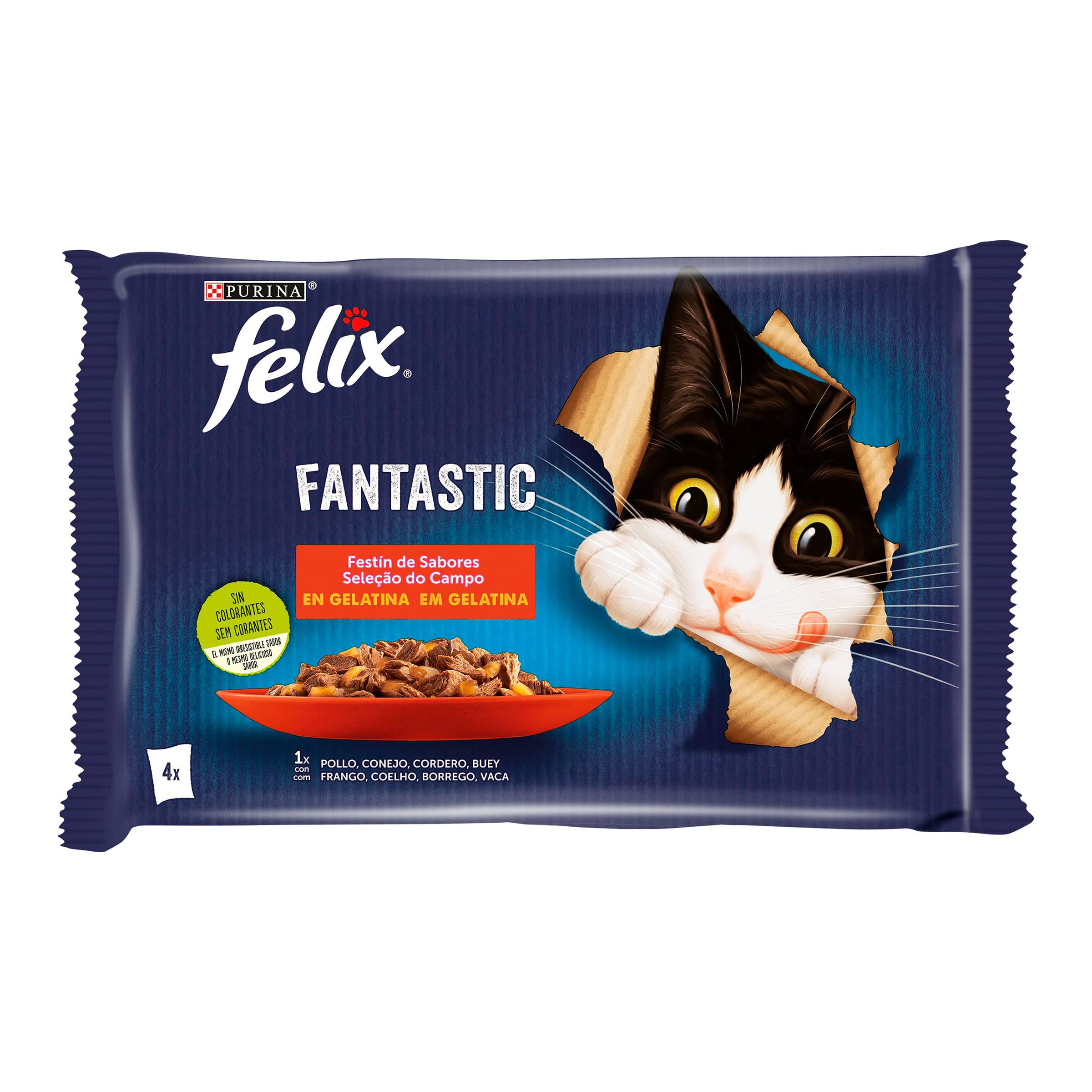 Felix Alimento para Gatos Fantastic Sabor Carne, 4 x 85g