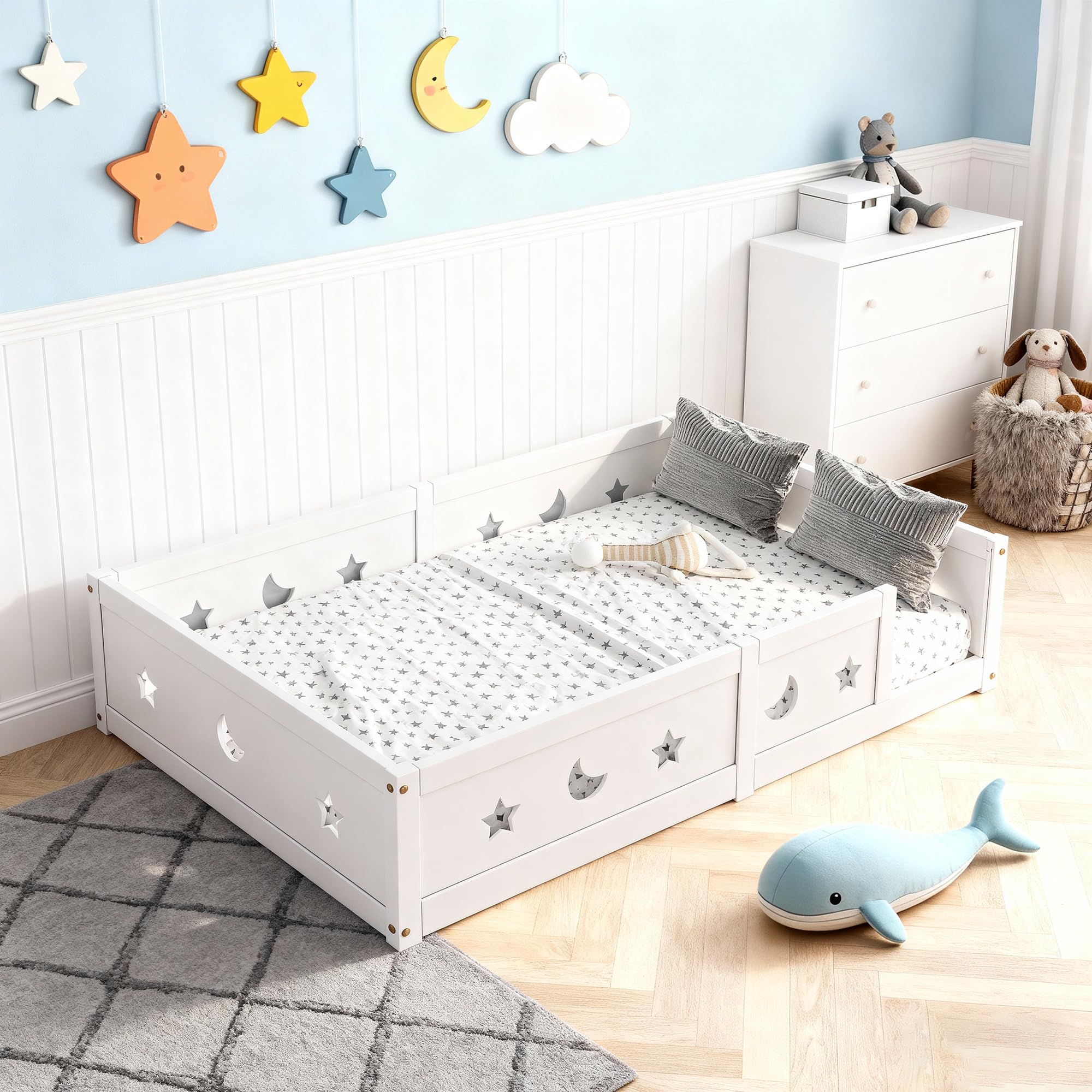 Cama infantil Montessori de 140 x 200 cm, cama de suelo de madera, segura para niños y niñas, con protección anticaídas, adecuada para niños y niñas (blanco-1, 140 x 200 cm)