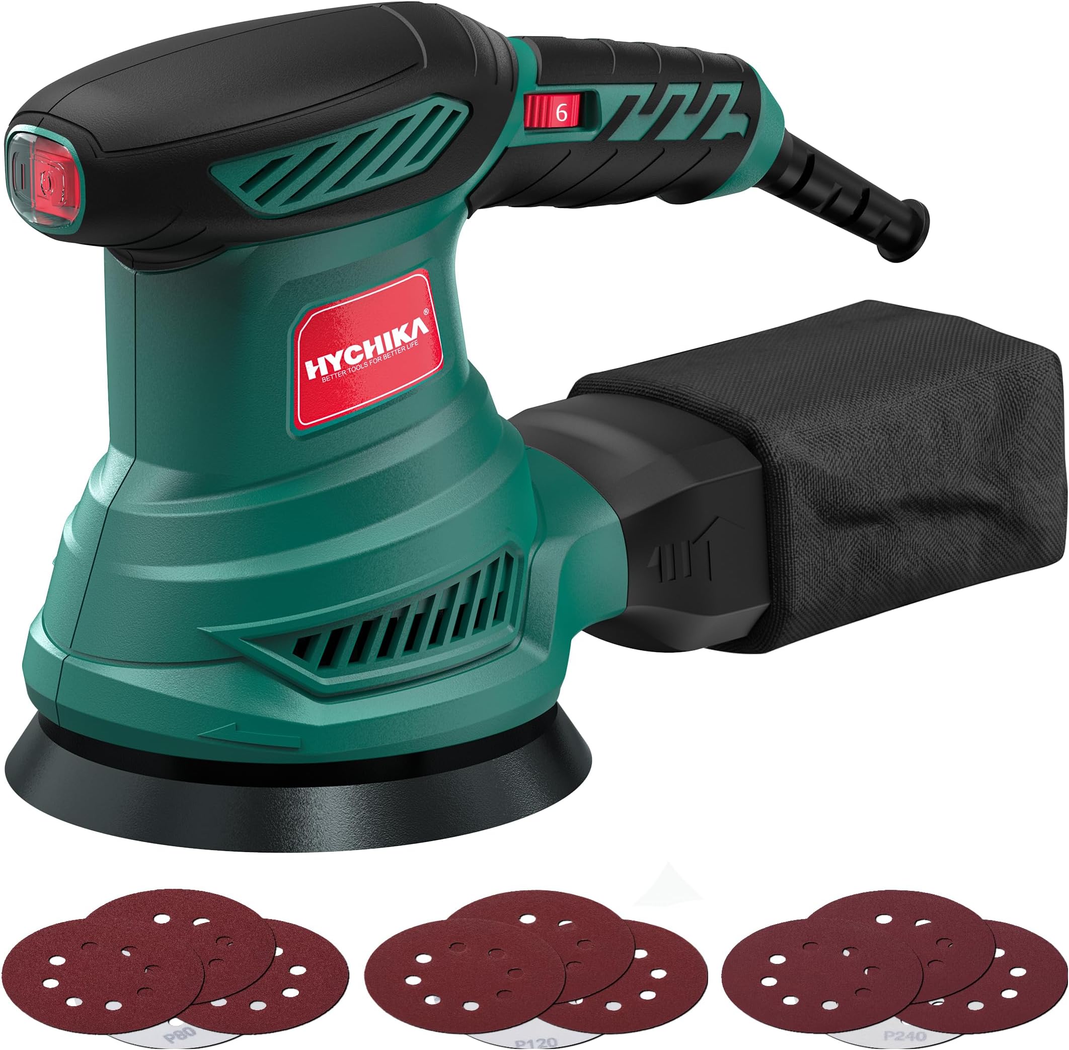 HYCHIKA 5-Inch Random Orbital Sander, 13000RPM Electric Orbital Sander with 6 Various Speeds, Palm Sander with 12 Pcs Sandpapers, 1 Pcs Dust Bag, Fit for Woodworking/Sanding