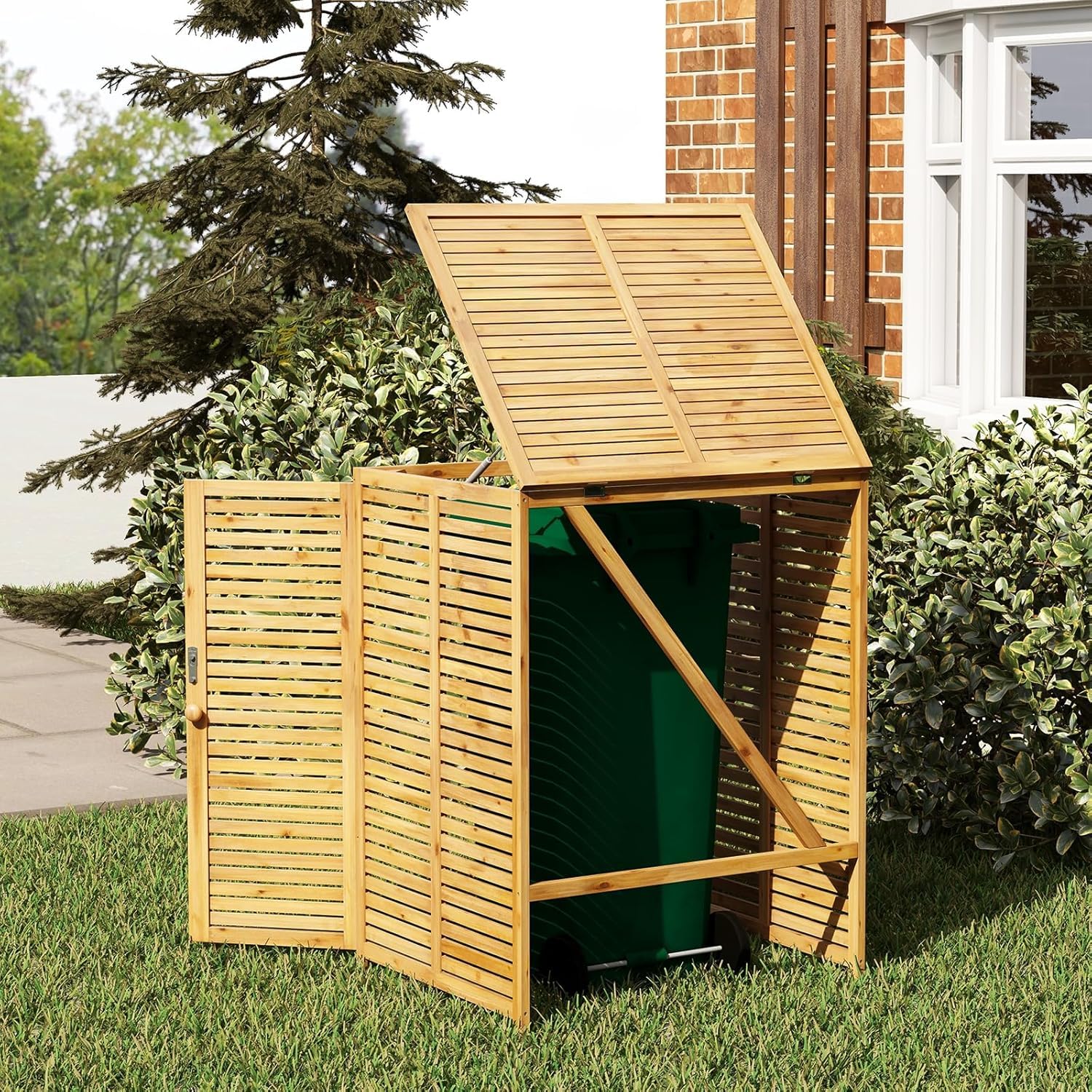 COSTWAY Copribidone Spazzatura Esterno, Contenitore per Bidone 120 L in Legno, Copribidone per Raccolta Differenziata con Coperchio Apribile, Doppia Porta e Serratura, per Giardino e Cortile (1)