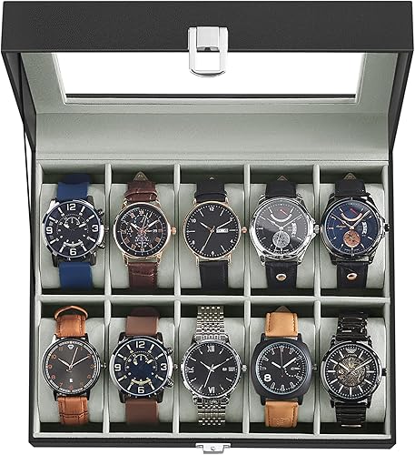 SONGMICS Caja de reloj, caja de reloj de 10 ranuras con tapa de vidrio grande, almohadas extraíbles para reloj, organizador de caja de reloj, regalo
