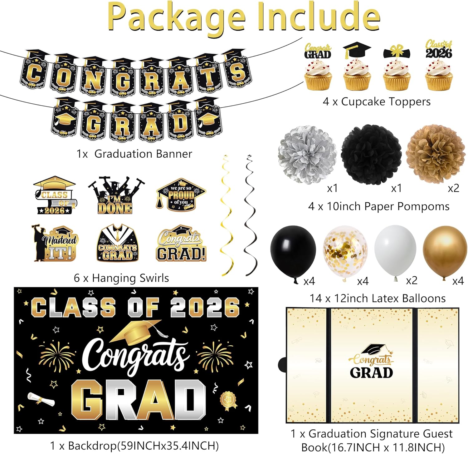 Vlipoeasn Black Gold 2026 Graduation Party Decorations, Class of 2026 College/High School Graduation Decorations Party Supplies, Black Gold 2026 Congrats Grad Backdrop Banner Signature Book