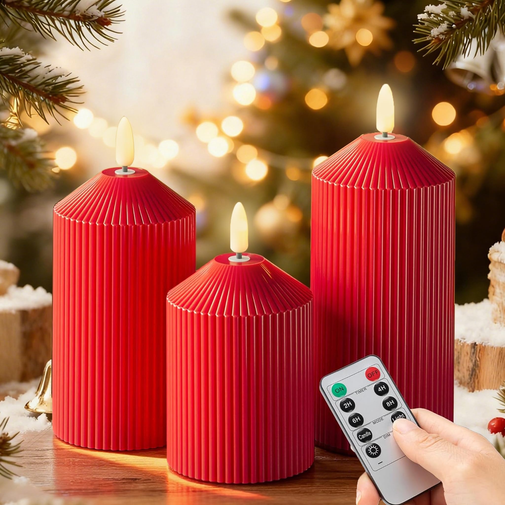 LUSHARBOR Candele senza fiamma con telecomando, a batteria, in vera cera, a LED, con timer, fiamma tremolante, per matrimoni, feste in casa, set da 3, colore: rosso