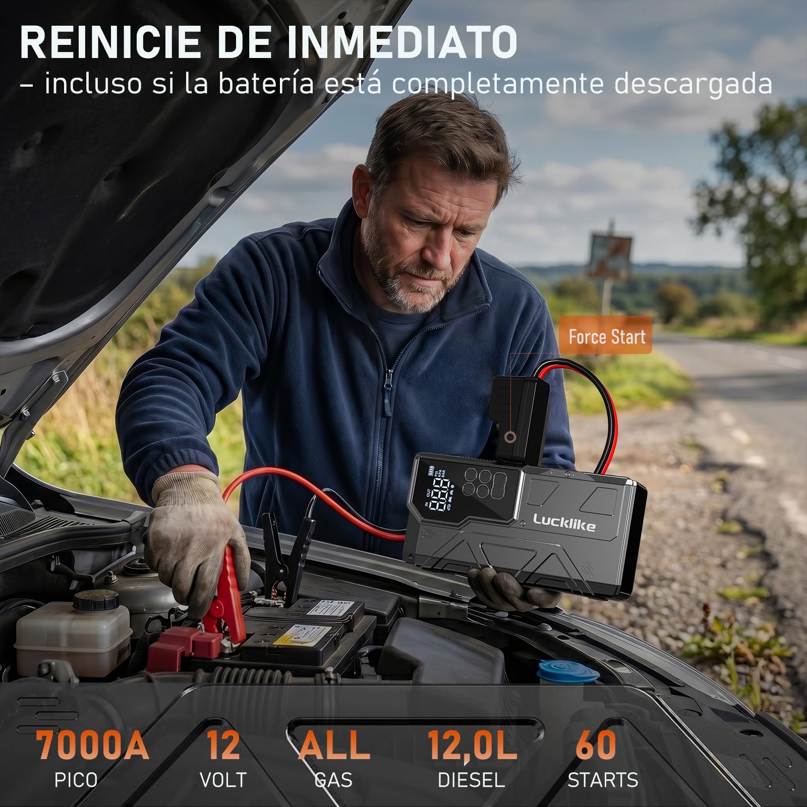 Lucklike Arrancador de Baterías de Coche con Compresor, 12V Jump Starter | 150PSI Arrancador de Coches para Vehículo (Todo Gasolina o 12L Diésel), con Pantalla LCD, Luz LED 800LM de Emergencia